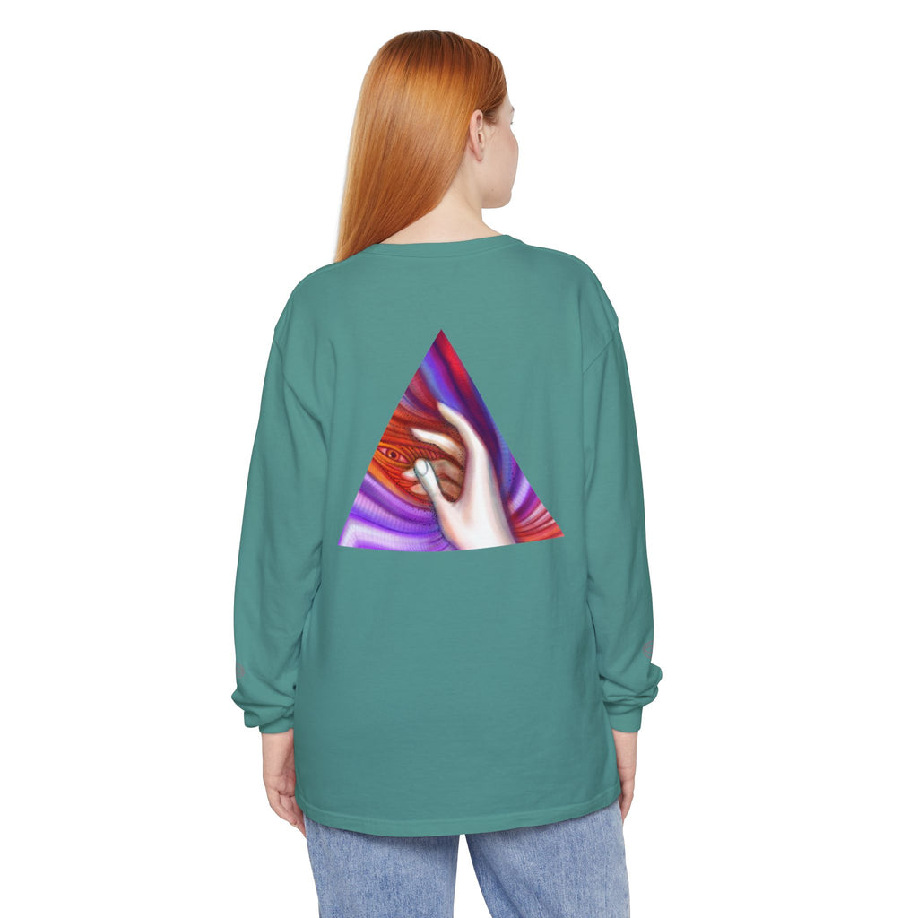 Long Sleeve T-Shirt — Triangular Hand Art Graphic (White) #sh26774
