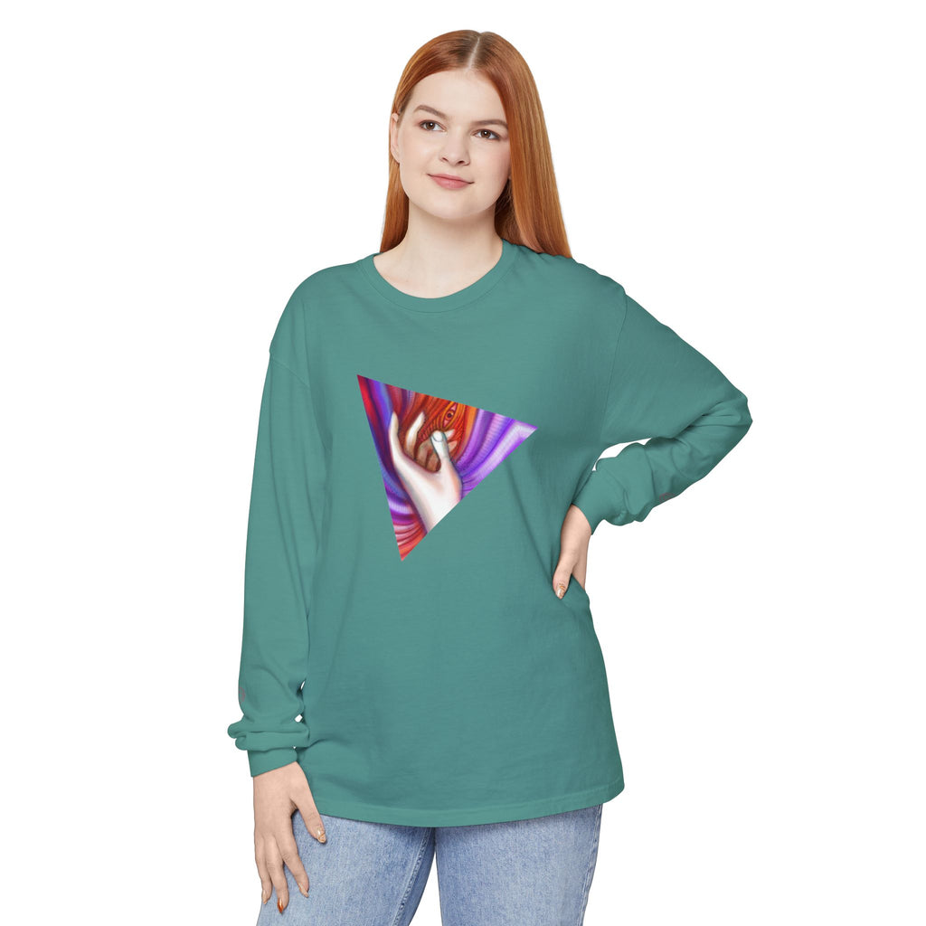 Long Sleeve T-Shirt — Triangular Hand Art Graphic (White) #sh26774