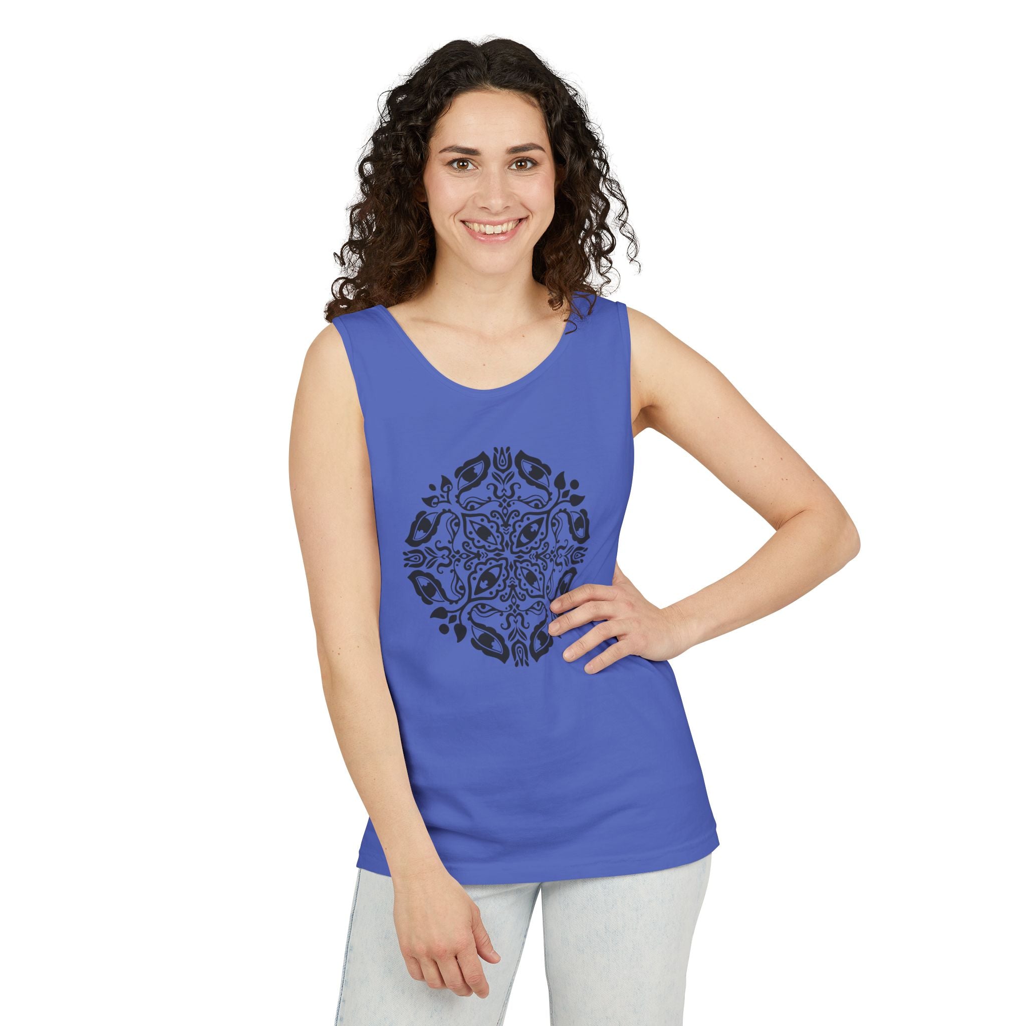 Boho Mandala Tank Top — Black Floral Circular Graphic Tank #fr3
