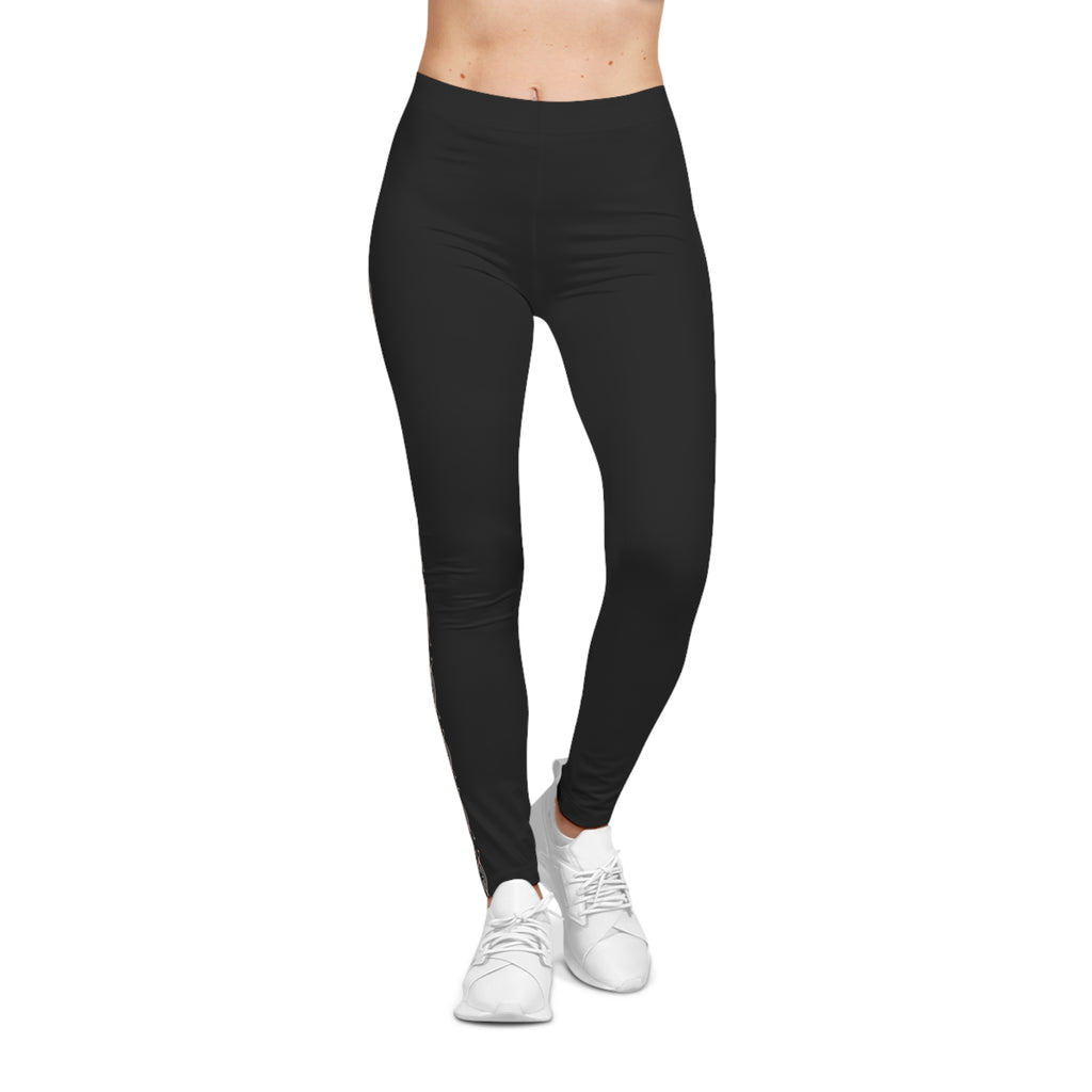 Black Side-Stripe Leggings with Subtle Floral Trim — Women's Casual Activewear #w457990
