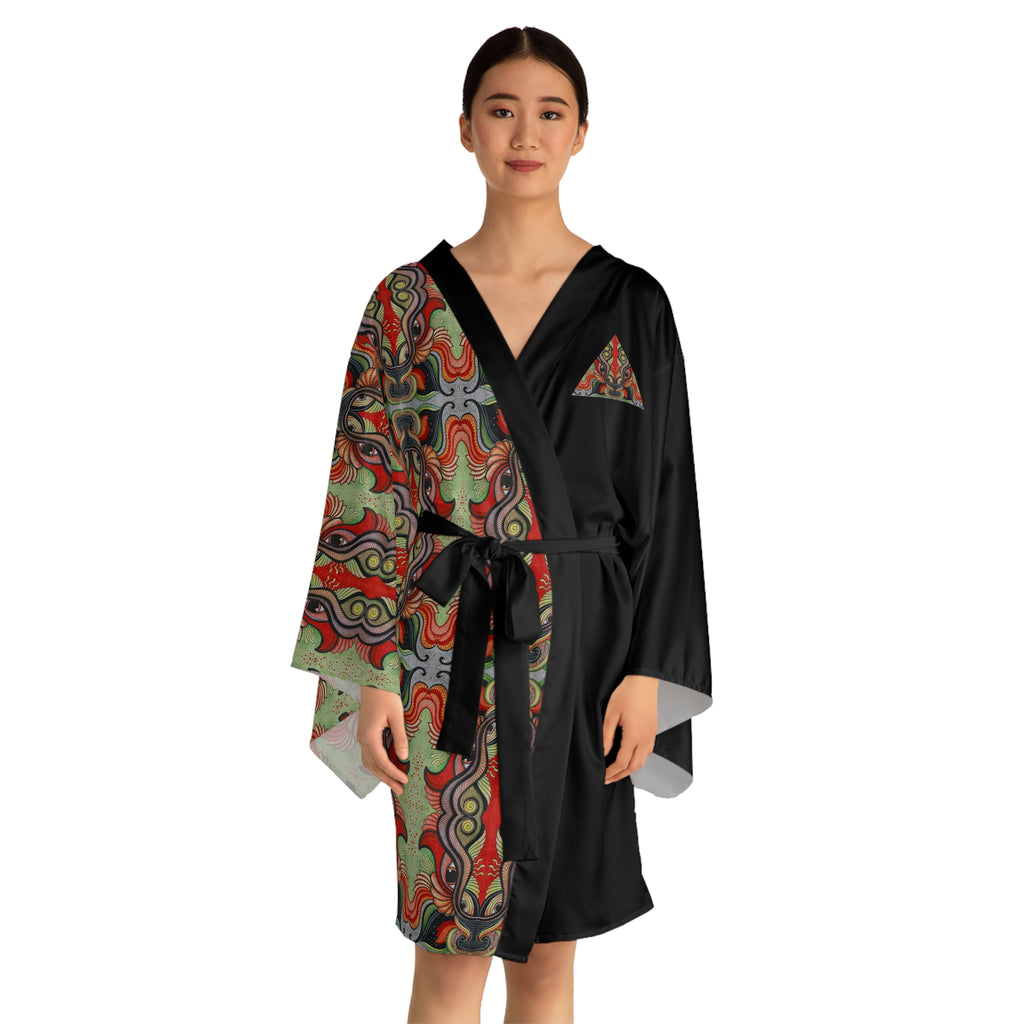 Kimono Robe – Bohemian Tribal Print Satin Wrap with Black Contrast #ut3336778