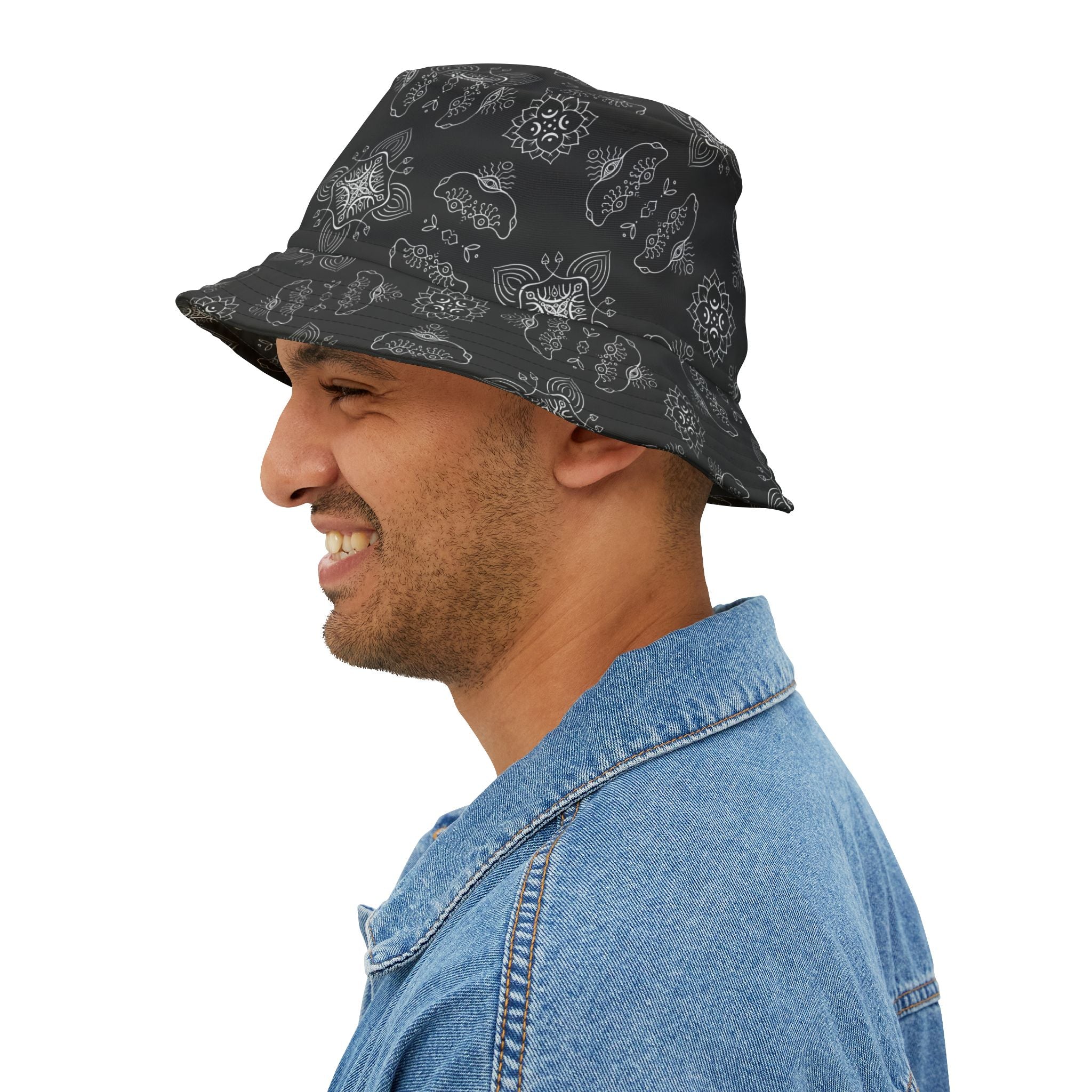Black Paisley Pattern Bucket Hat - All-Over Print Casual Streetwear #j987557