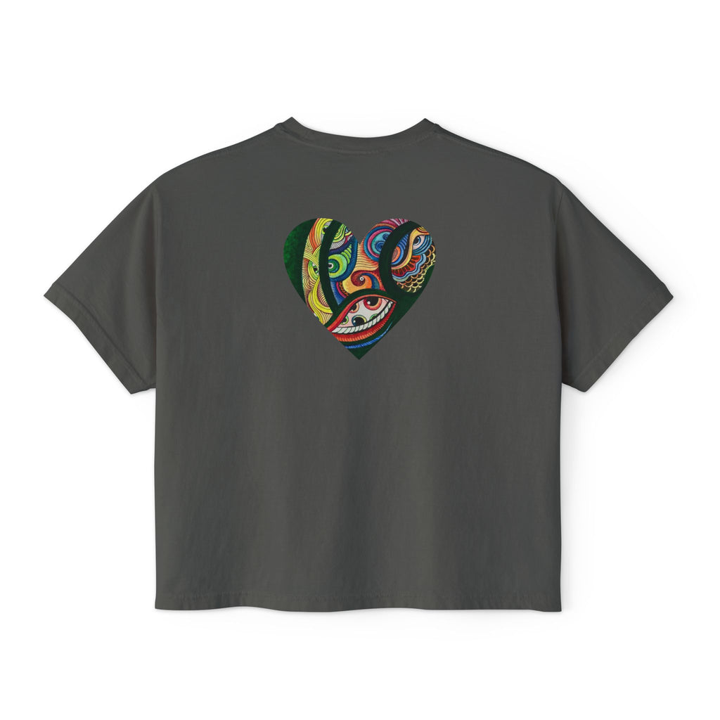 Women's Boxy Tee with Abstract Colorful Triangle (Front) & Heart (Back) Art — Casual Graphic Crop Top #hd9859