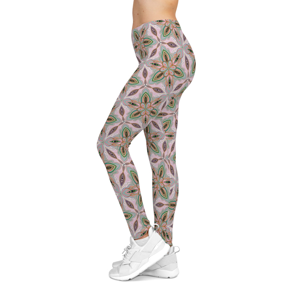 Floral Kaleidoscope Leggings — Pink & Green Patterned Women's Leggings #g006332