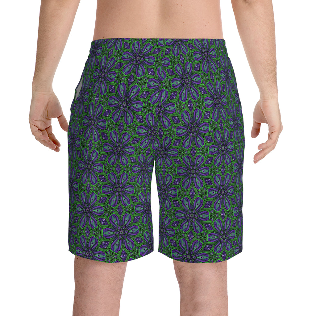 Floral Kaleidoscope Beach Shorts — Green & Indigo All-Over Print #sk08757