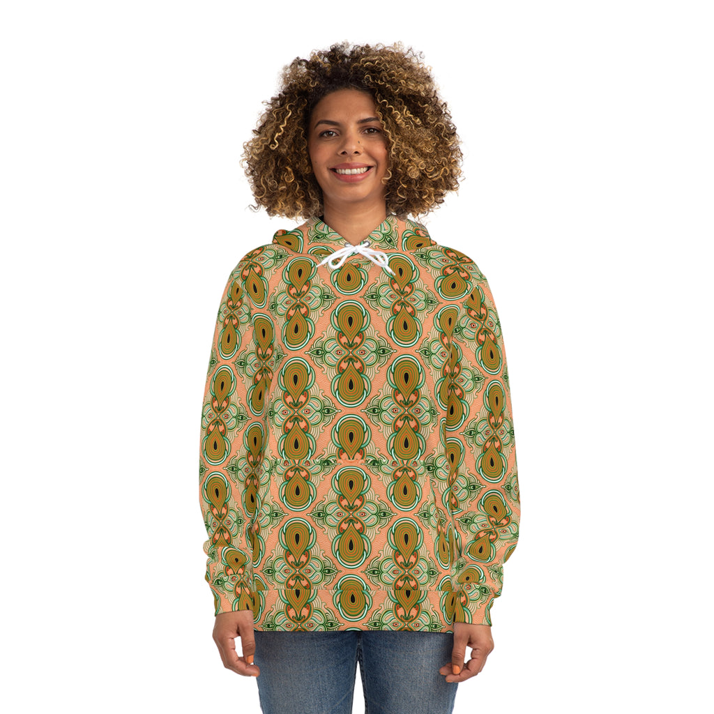 Retro Floral Pattern Hoodie — Green Orange All-Over Print Fashion Hoodie #g000635