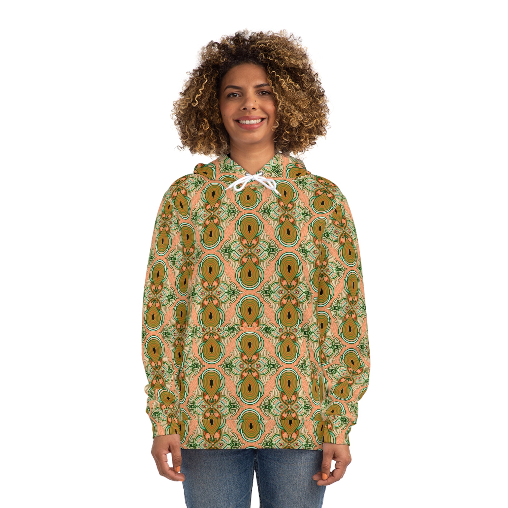 Retro Floral Pattern Hoodie — Green Orange All-Over Print Fashion Hoodie #g000635