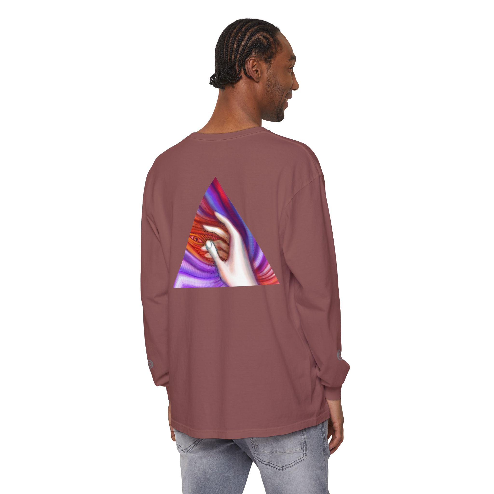 Long Sleeve T-Shirt — Triangular Hand Art Graphic (White) #sh26774