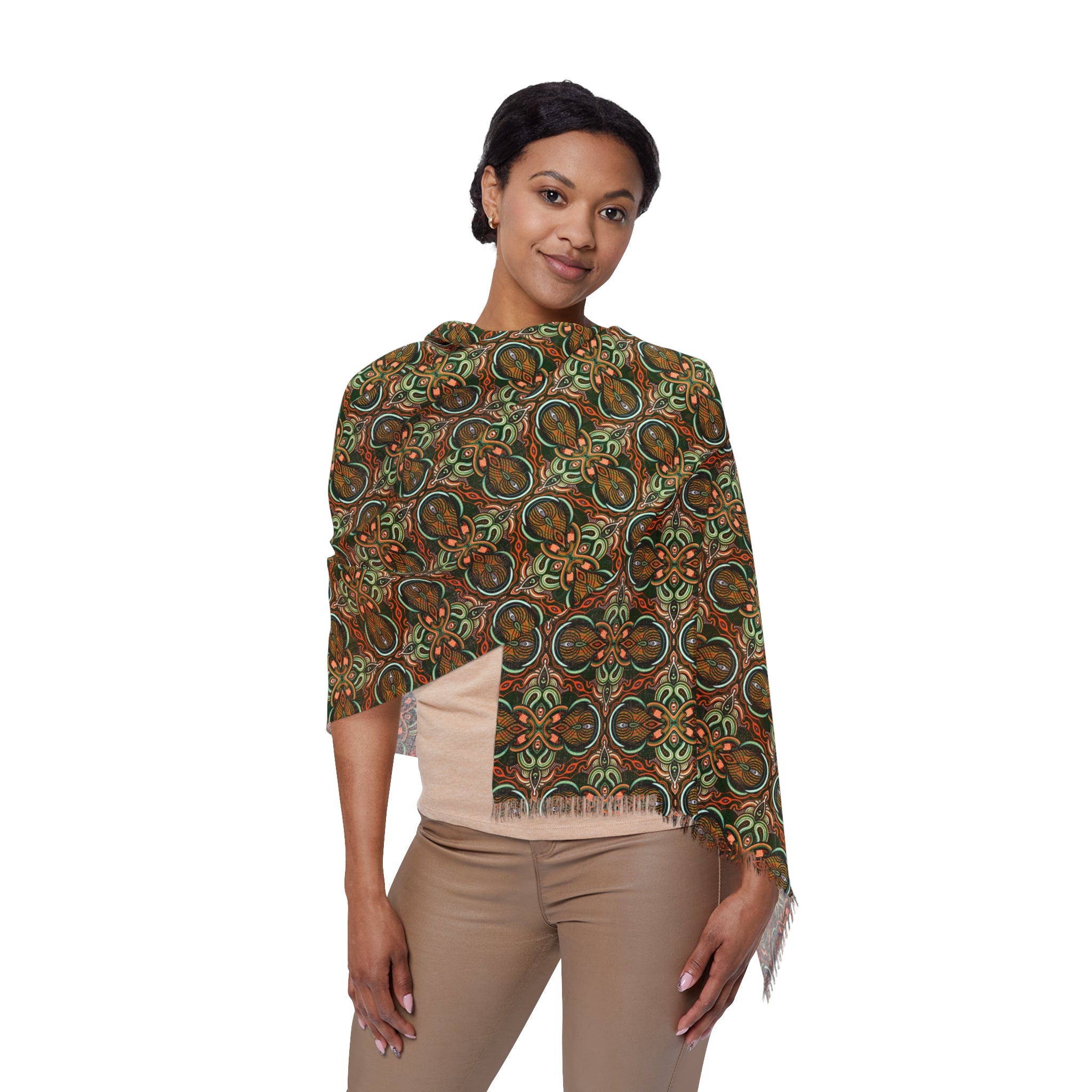 Lightweight Boho Mosaic Scarf — Earthy Geometric Pattern #u87546899