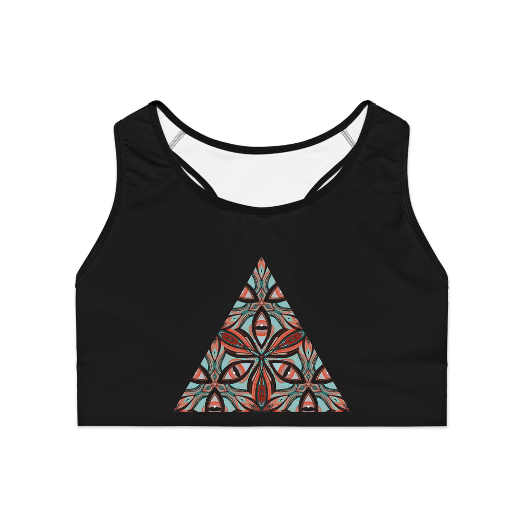 Geometric Tribal Triangle Sports Bra — Black AOP Activewear