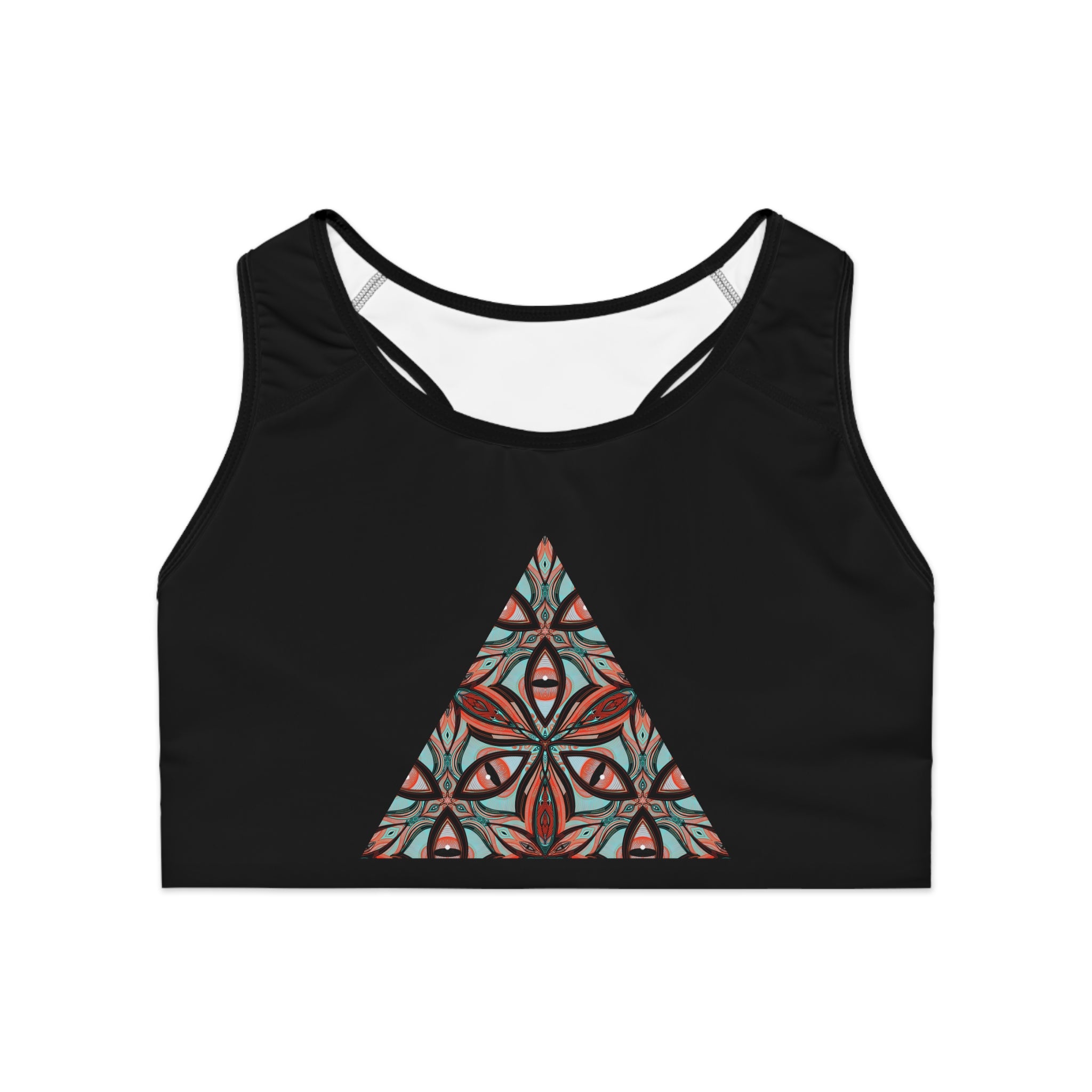 Geometric Tribal Triangle Sports Bra — Black AOP Activewear