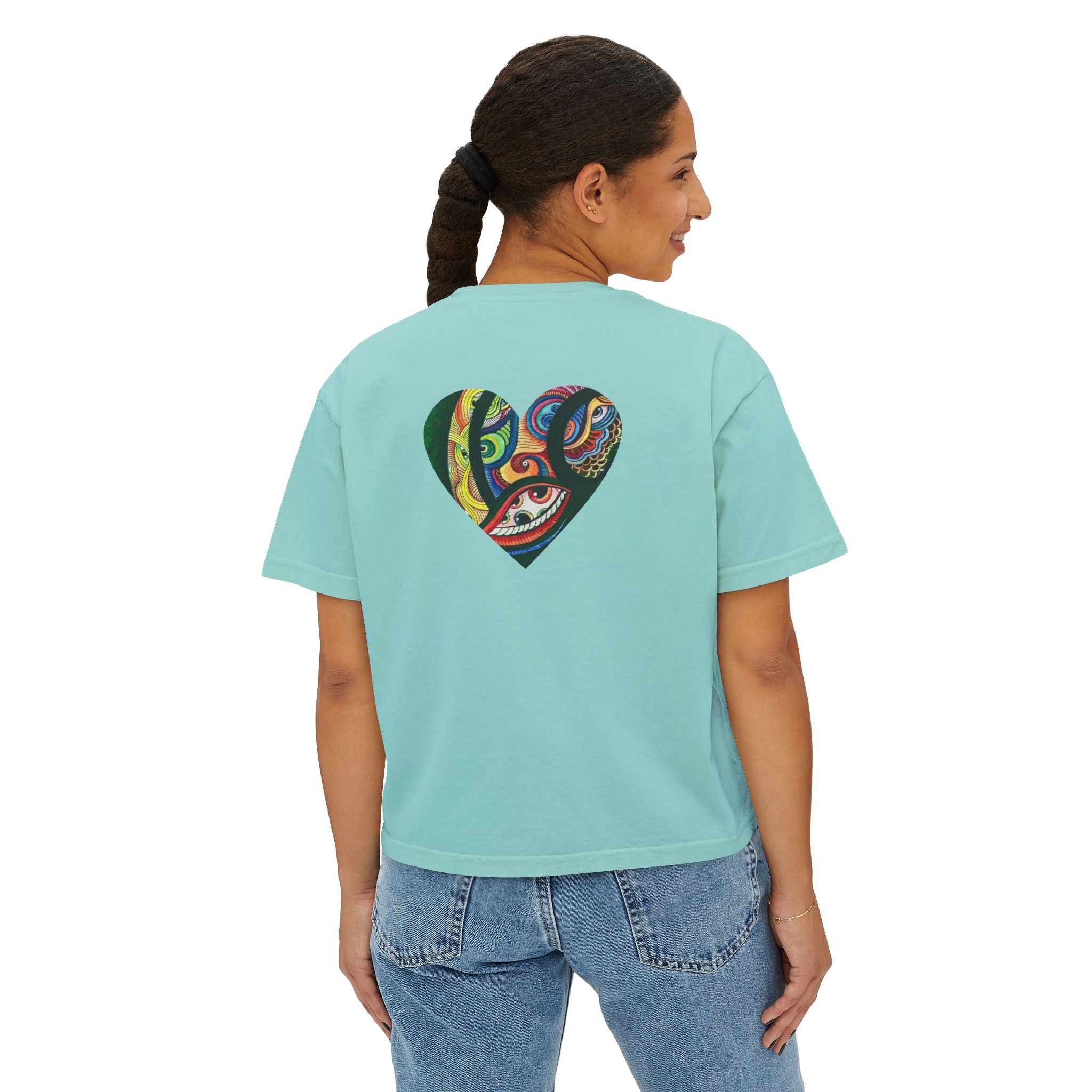Women's Boxy Tee with Abstract Colorful Triangle (Front) & Heart (Back) Art — Casual Graphic Crop Top #hd9859