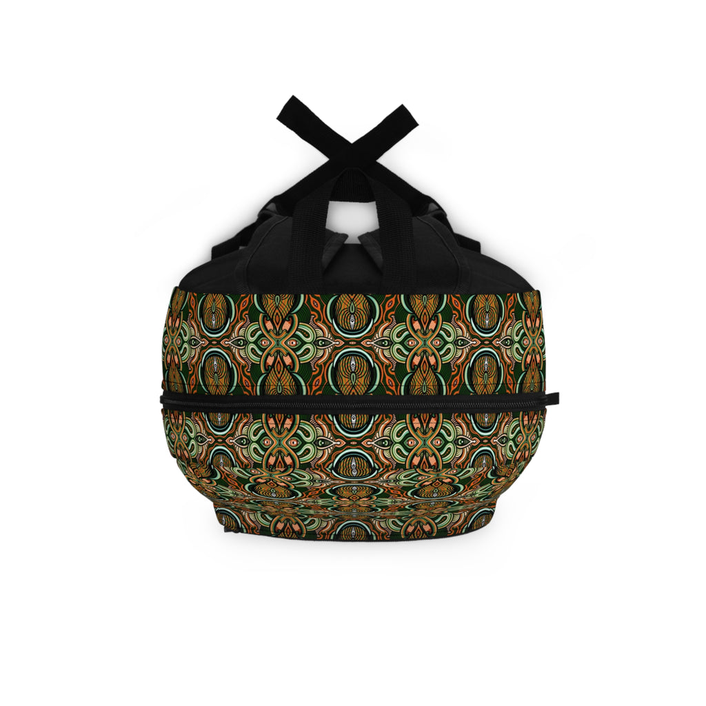 Vintage Mosaic Backpack — Earthy Green Boho Pattern School & Travel Bag #h0864