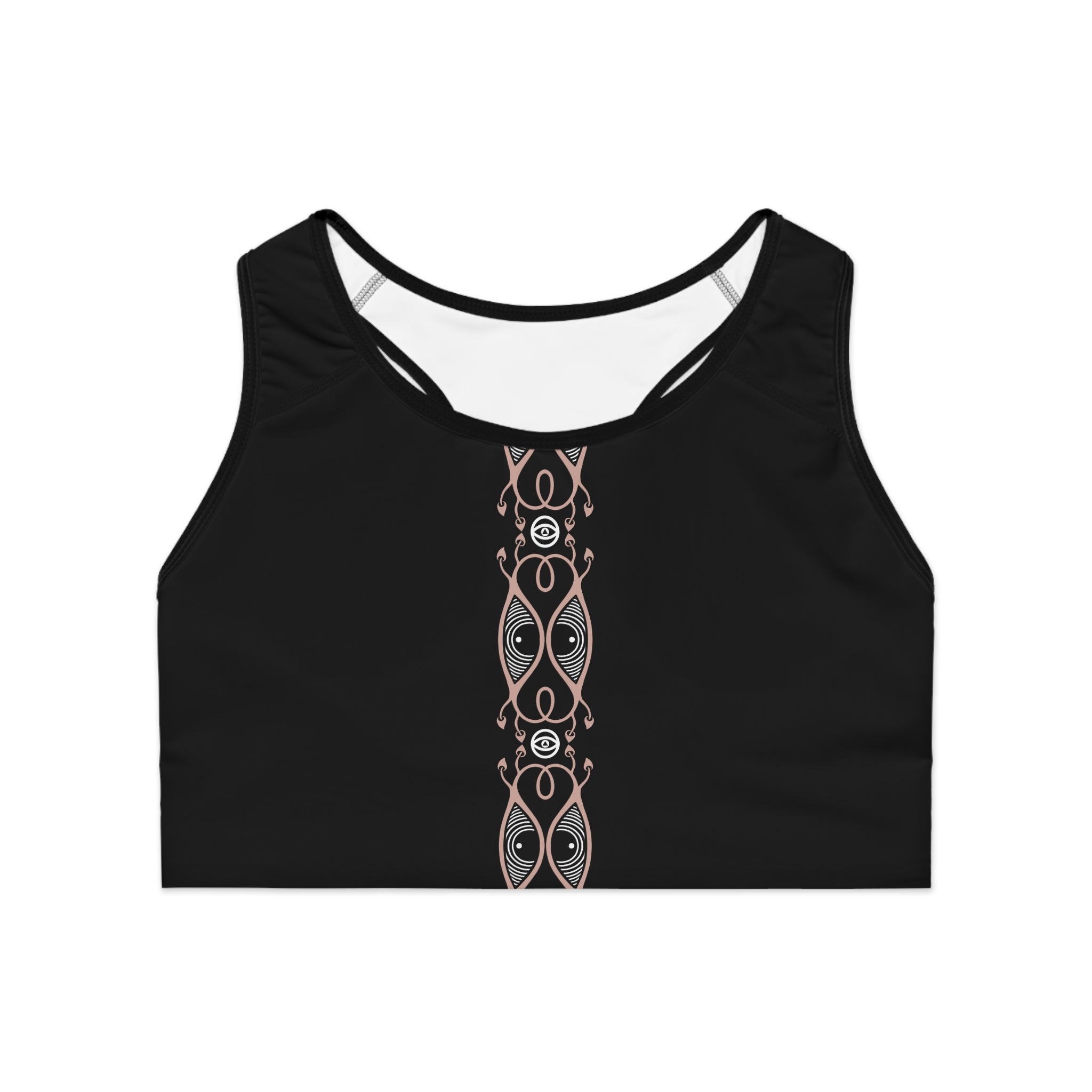 Black Racerback Sports Bra with Rose Gold Celtic Center Stripe — Athletic Yoga Crop Top #h975387
