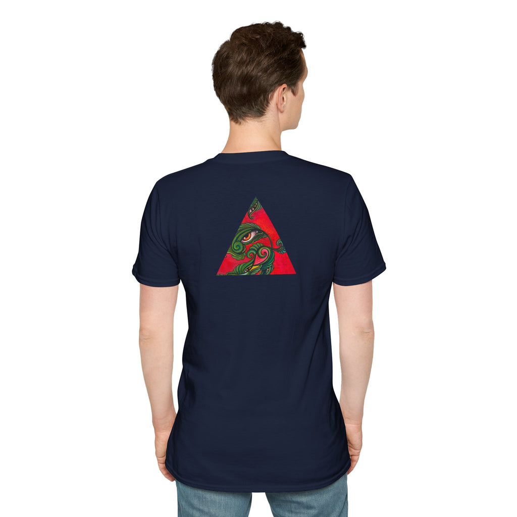 Geometric Tribal Eye Tee — Abstract Red & Green Triangle Graphic T-Shirt #sx432177