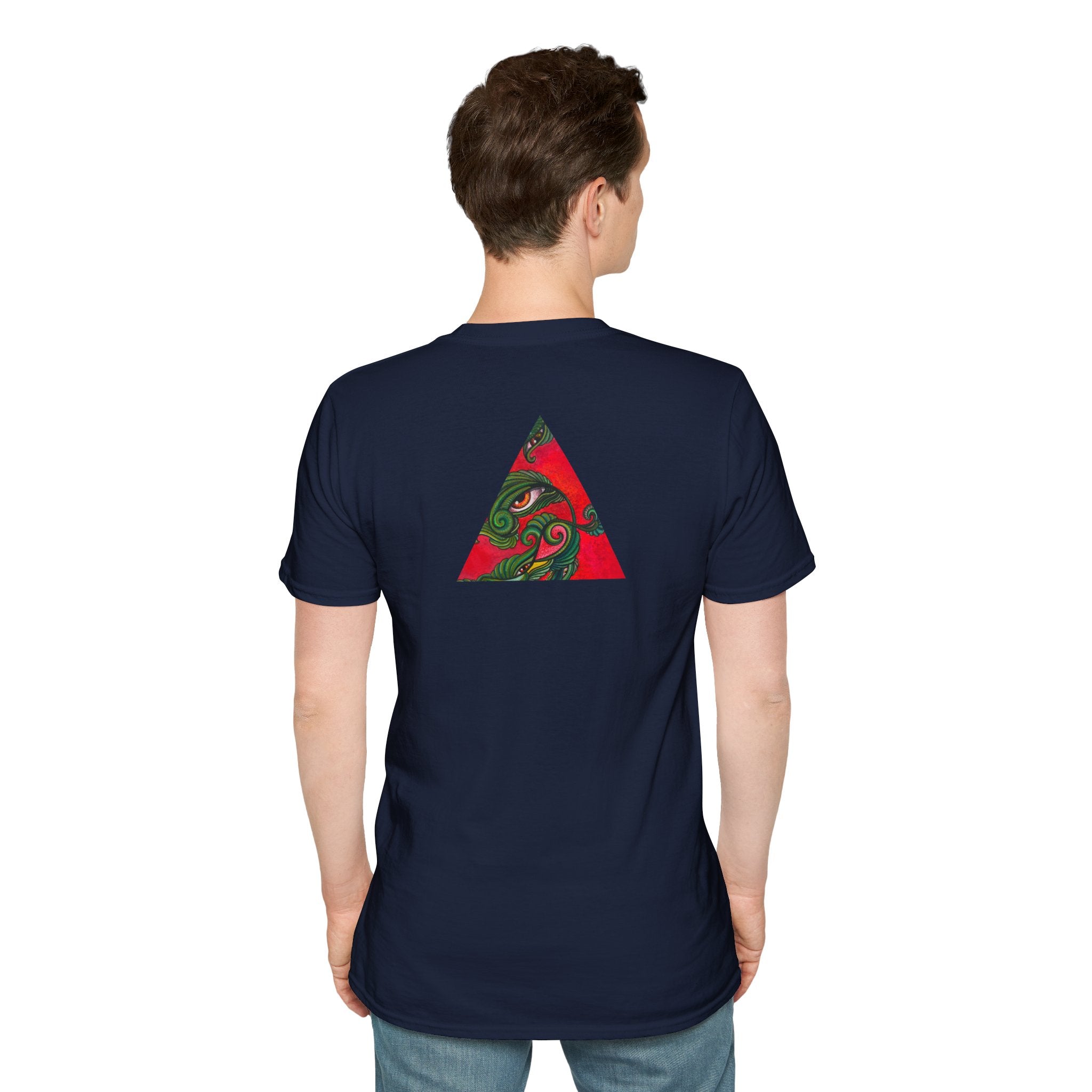 Geometric Tribal Eye Tee — Abstract Red & Green Triangle Graphic T-Shirt #sx432177