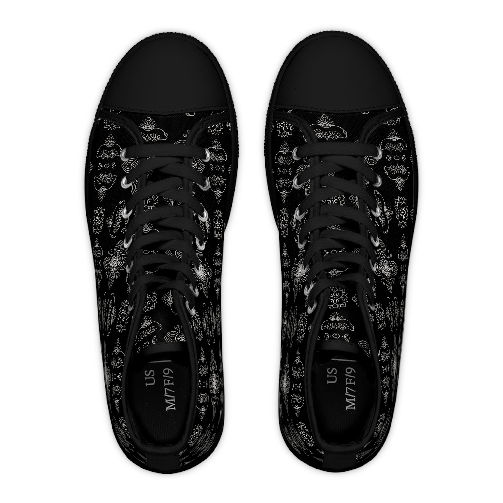 High Top Sneakers - Black Paisley Pattern Women's Canvas Shoes #d3566