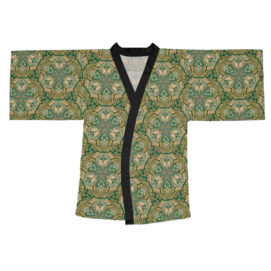 Green Floral Mandala Pattern Kimono Robe | Long Sleeve # kfm1