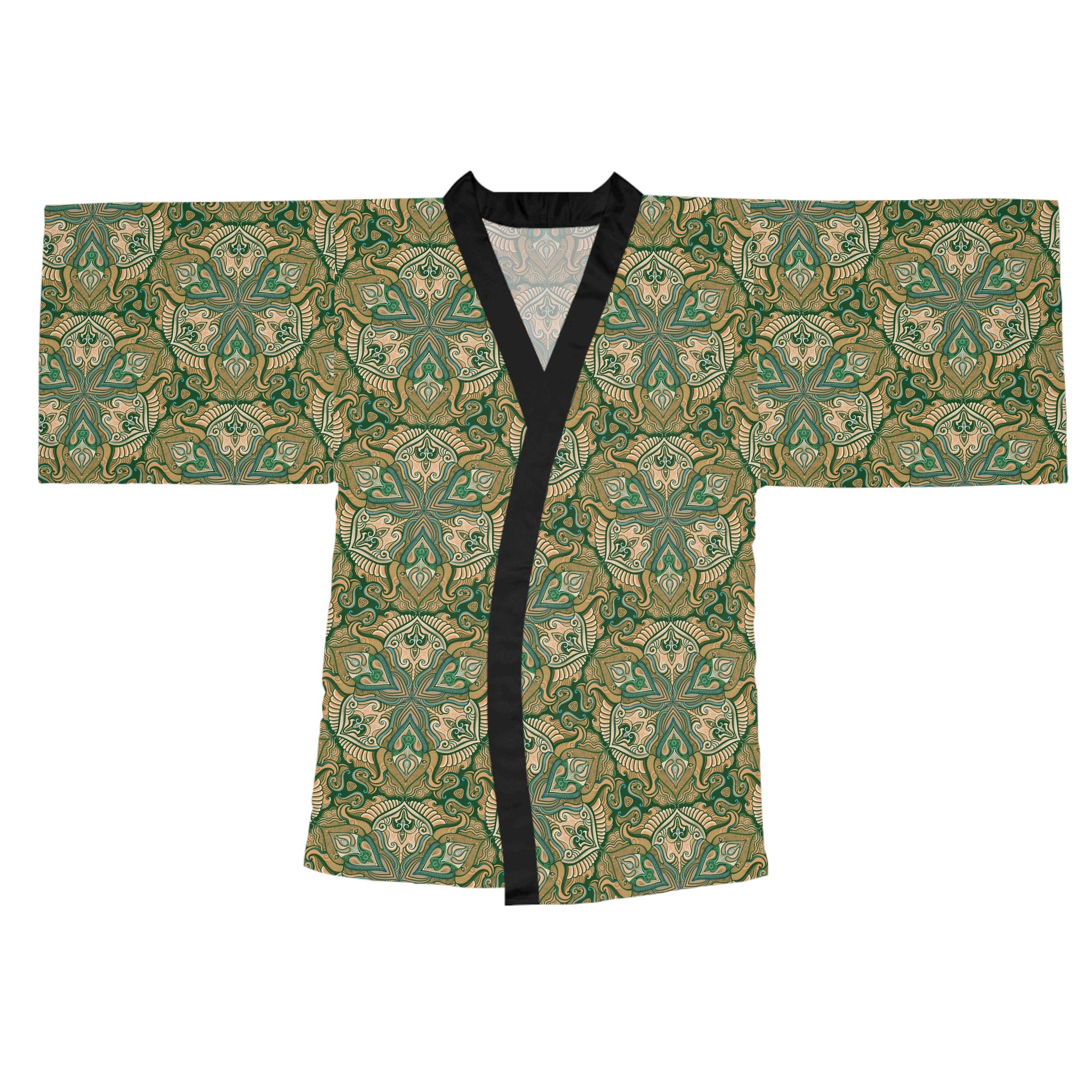 Green Floral Mandala Pattern Kimono Robe | Long Sleeve # kfm1