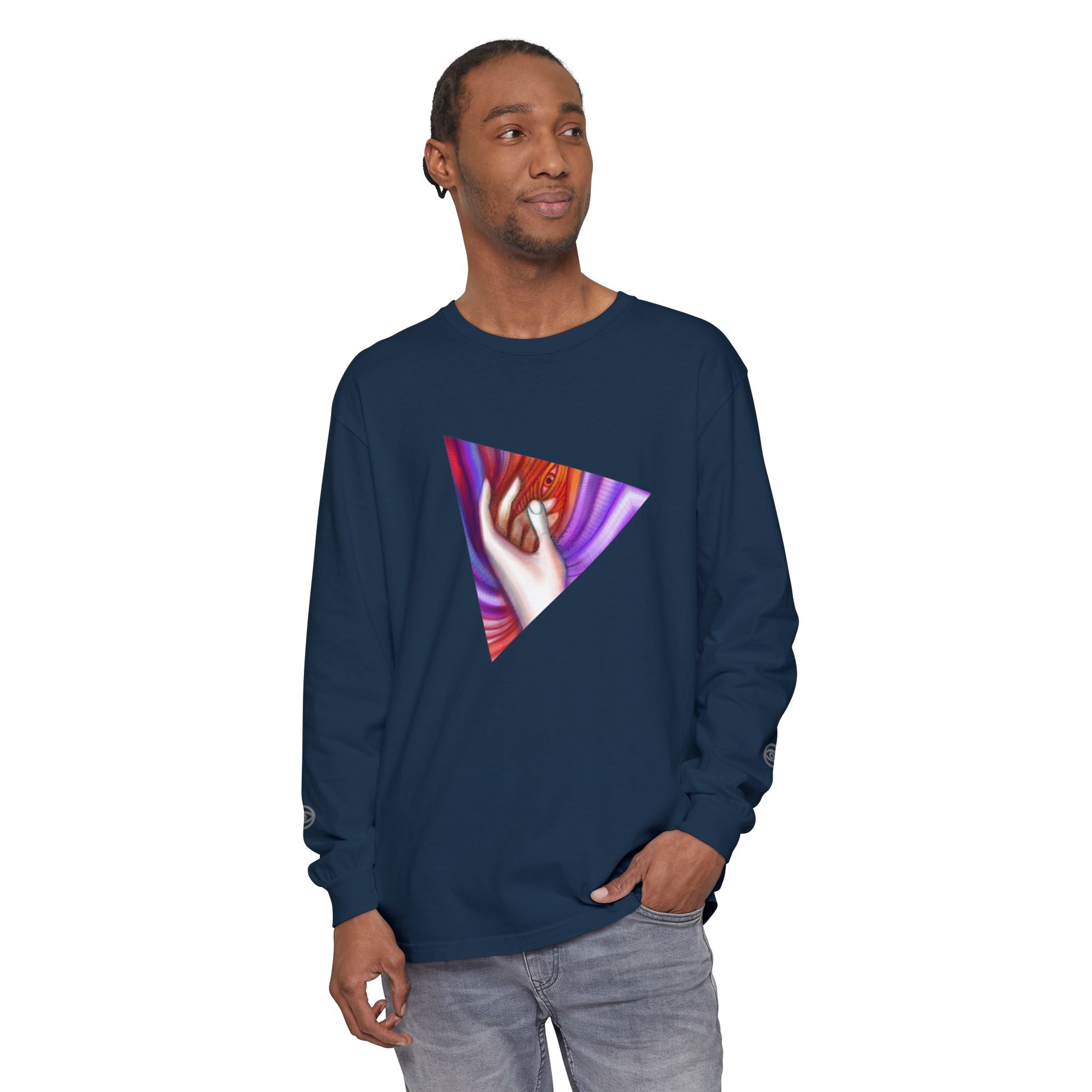 Long Sleeve T-Shirt — Triangular Hand Art Graphic (White) #sh26774