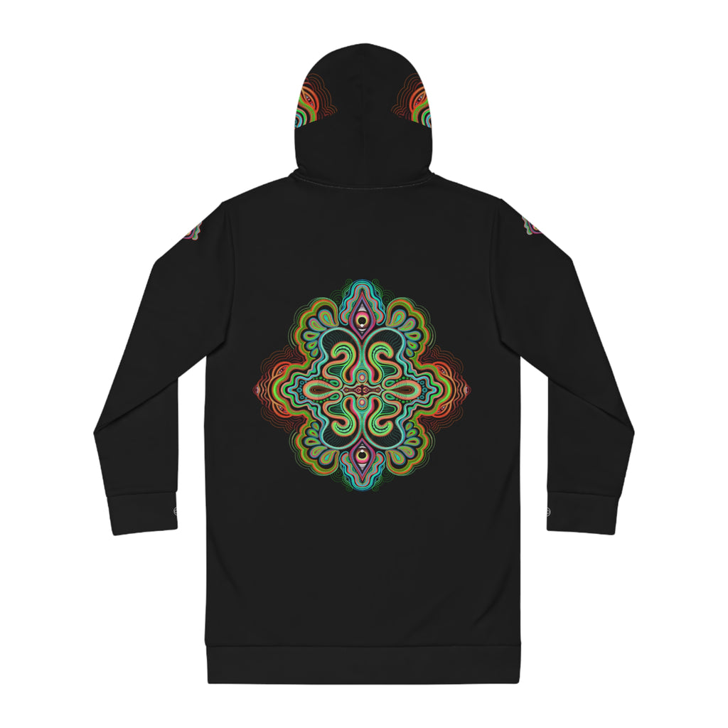 Mandala Glow Hoodie Dress - Women's Black AOP Pullover #hd4