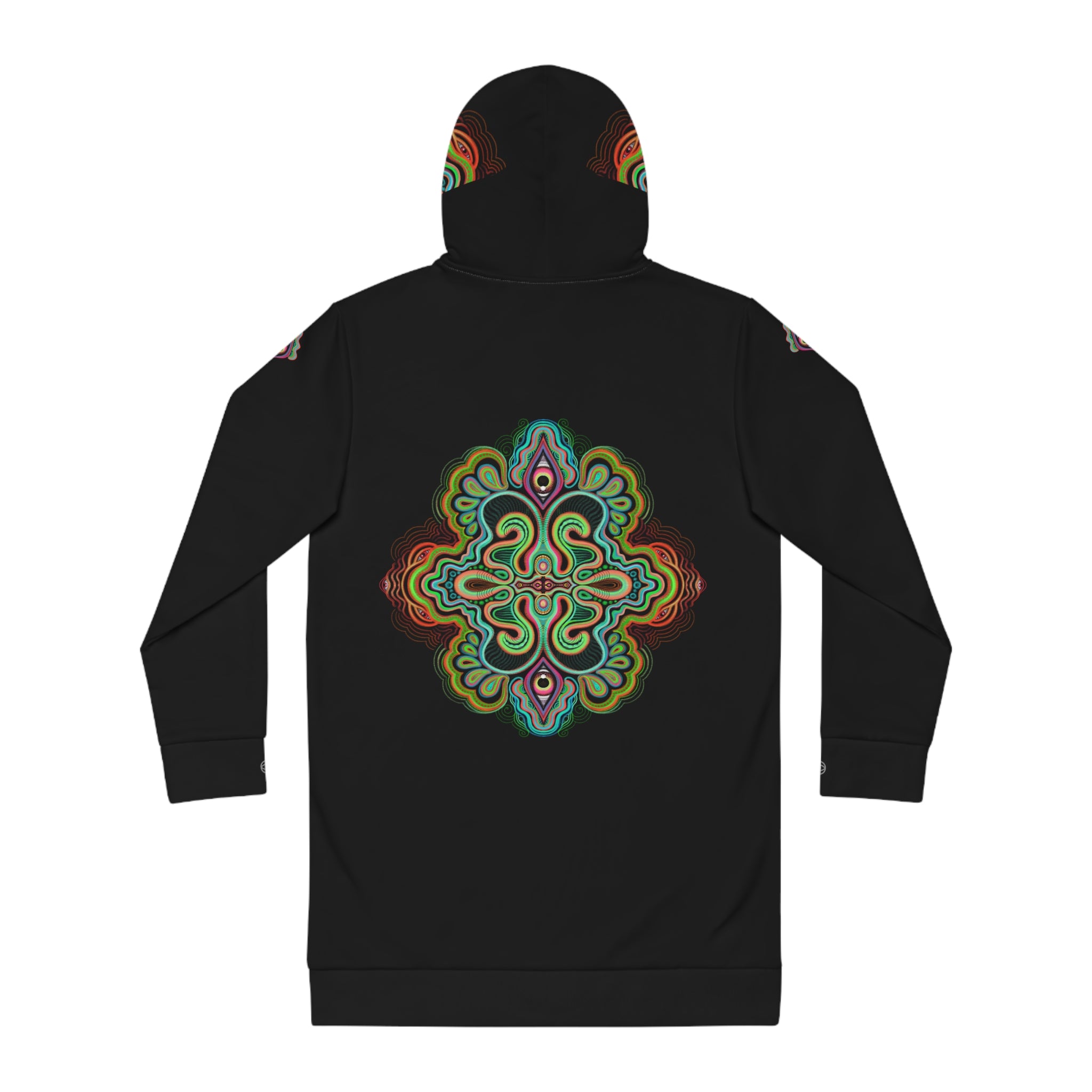 Mandala Glow Hoodie Dress - Women's Black AOP Pullover #hd4