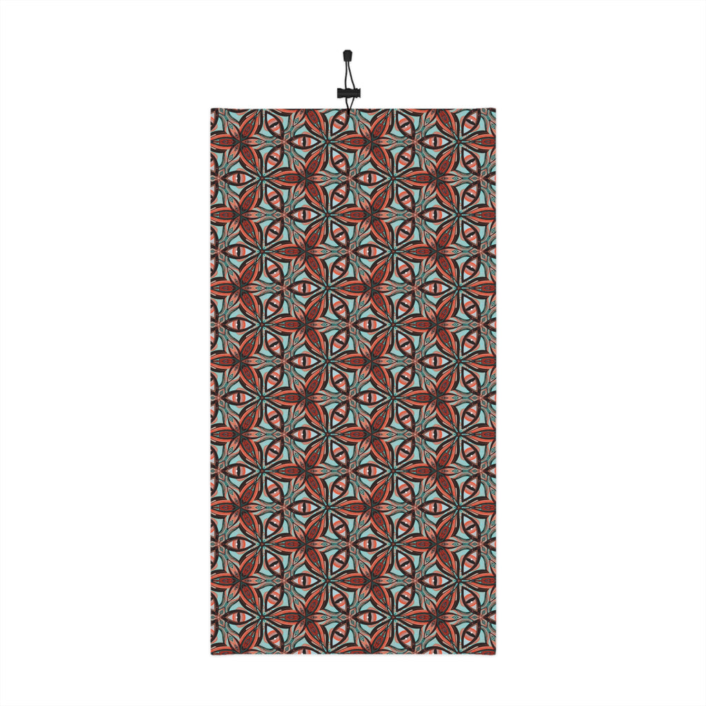 Patterned Winter Neck Gaiter — Red Teal Geometric Drawstring Face Mask