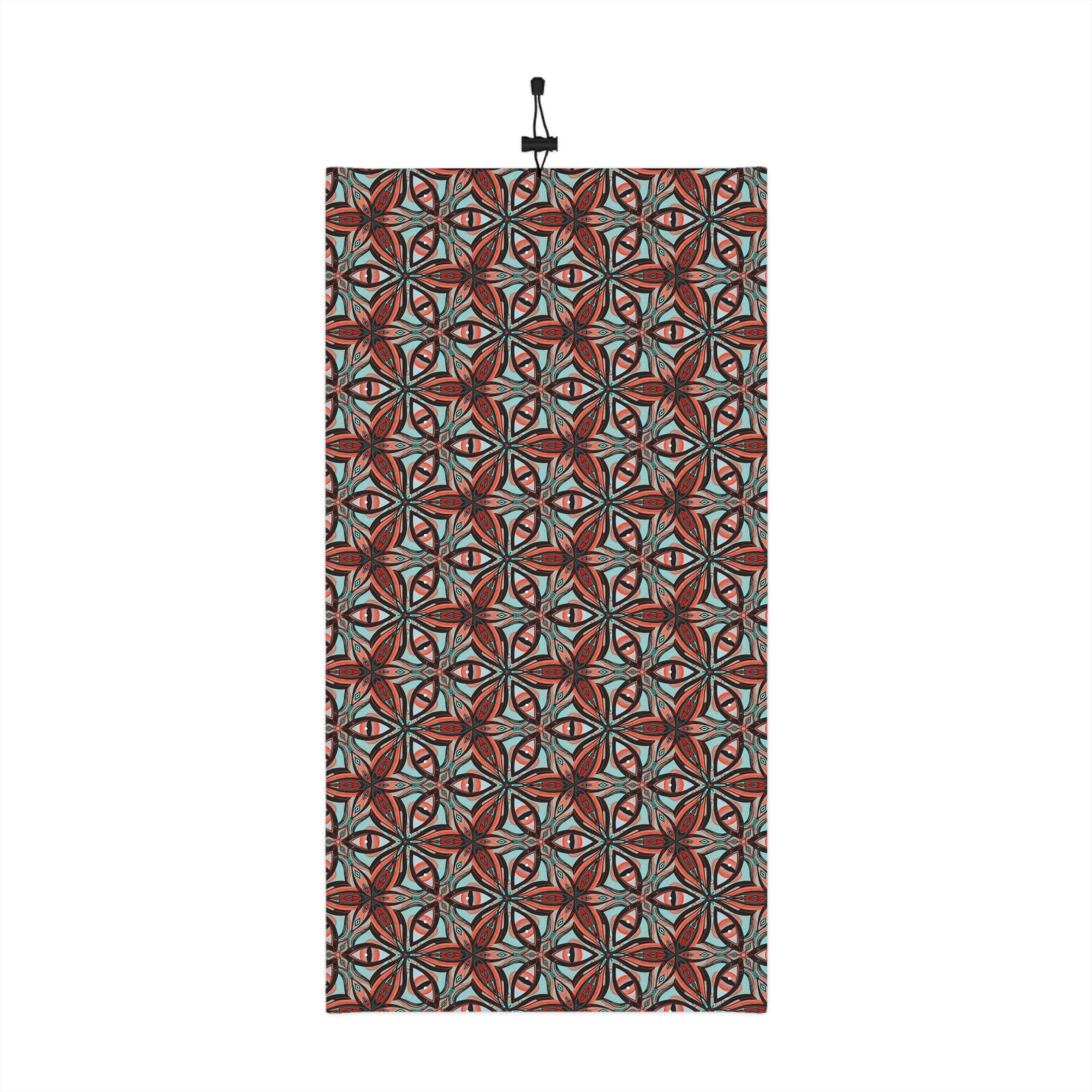 Patterned Winter Neck Gaiter — Red Teal Geometric Drawstring Face Mask