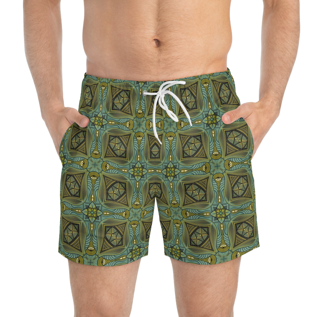 Geometric Teal Mosaic Swim Trunks — Vintage Tile Pattern Beach Shorts #x000043