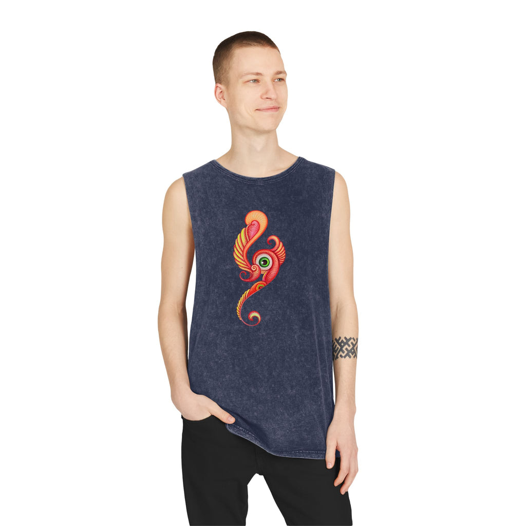 Stonewash Tank Top with Vibrant Abstract Feather Design #rgy3566