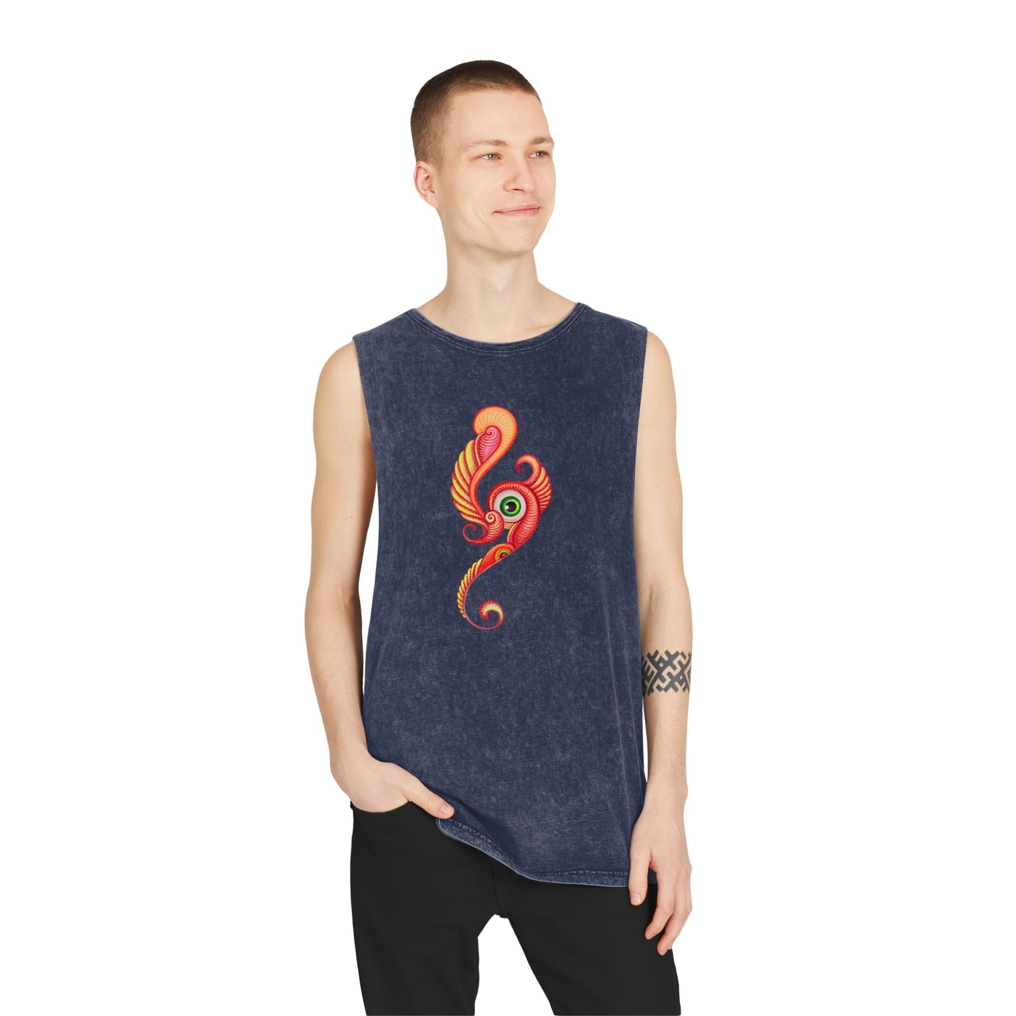 Stonewash Tank Top with Vibrant Abstract Feather Design #rgy3566