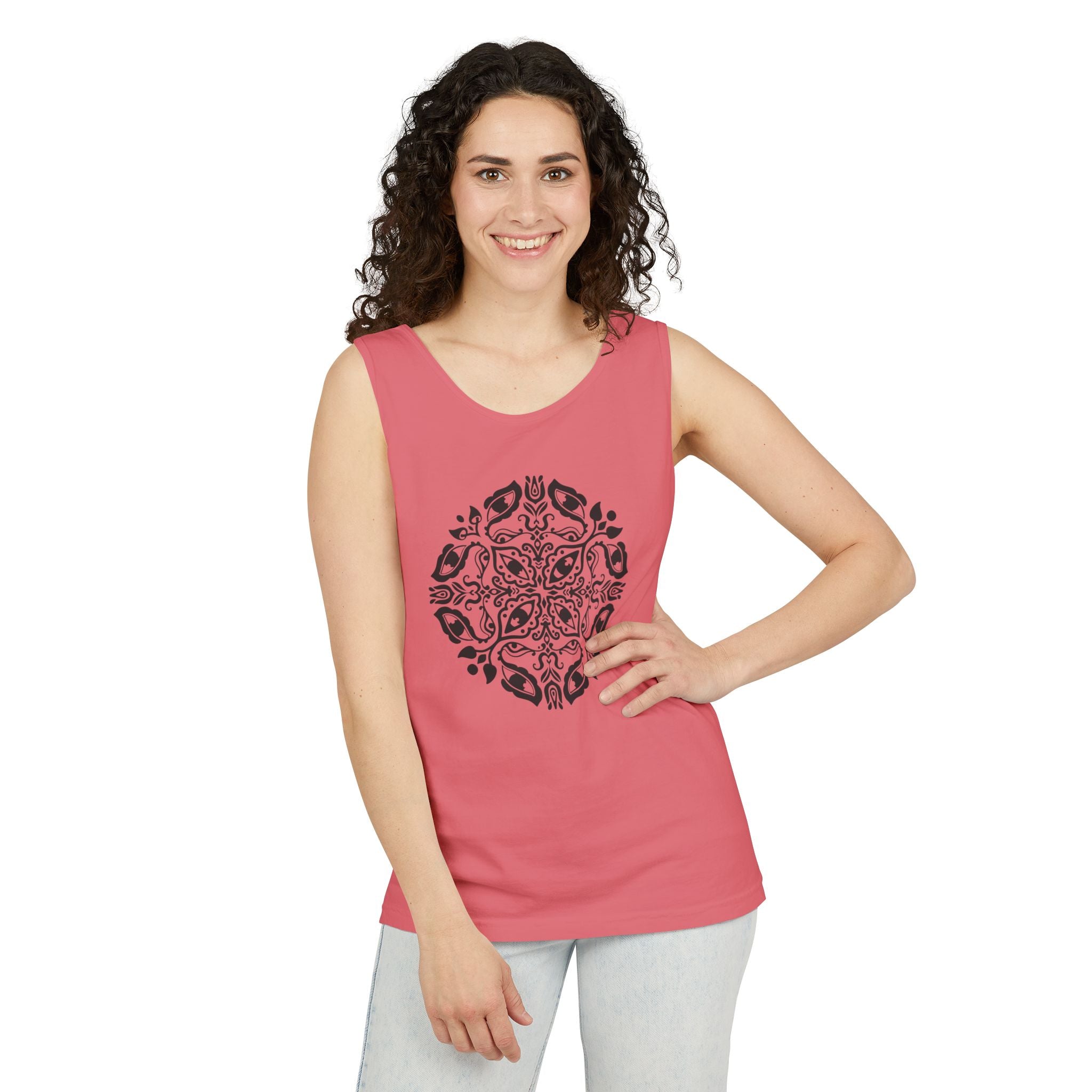 Boho Mandala Tank Top — Black Floral Circular Graphic Tank #fr3