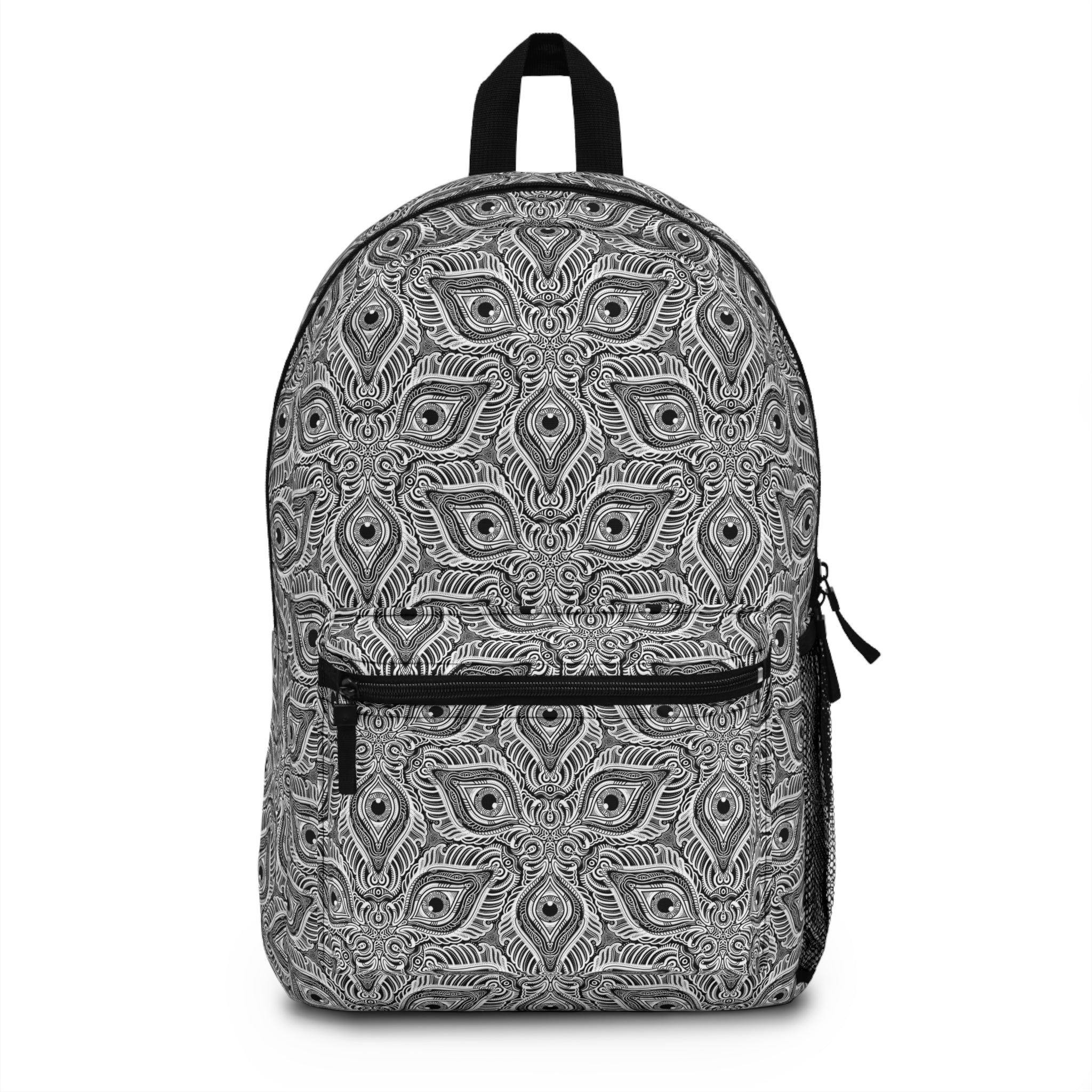Monochrome Peacock Feather Pattern Backpack — Boho Geometric Daypack #d1