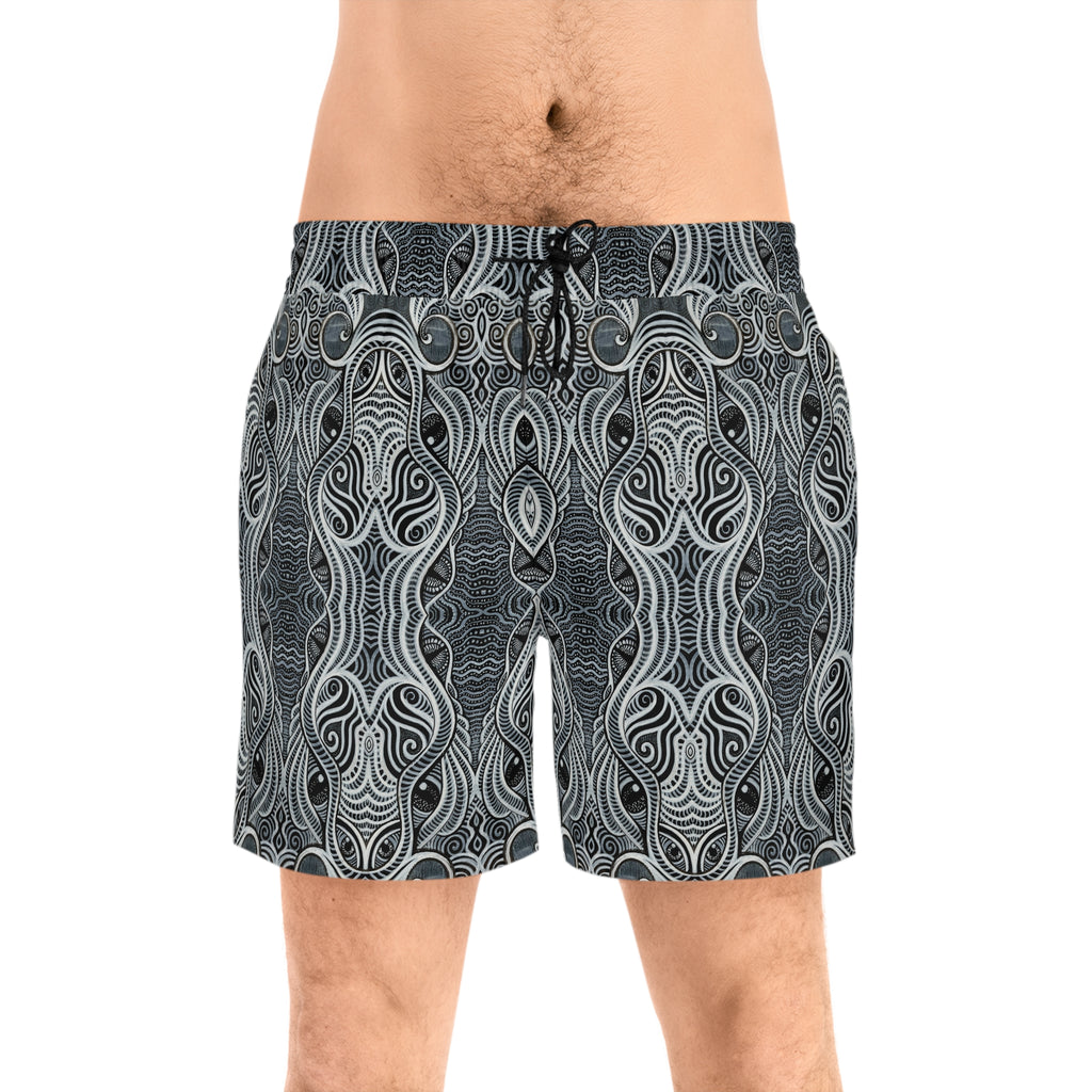 Men's Swim Shorts — Monochrome Nautical Tribal Wave Pattern #h864246