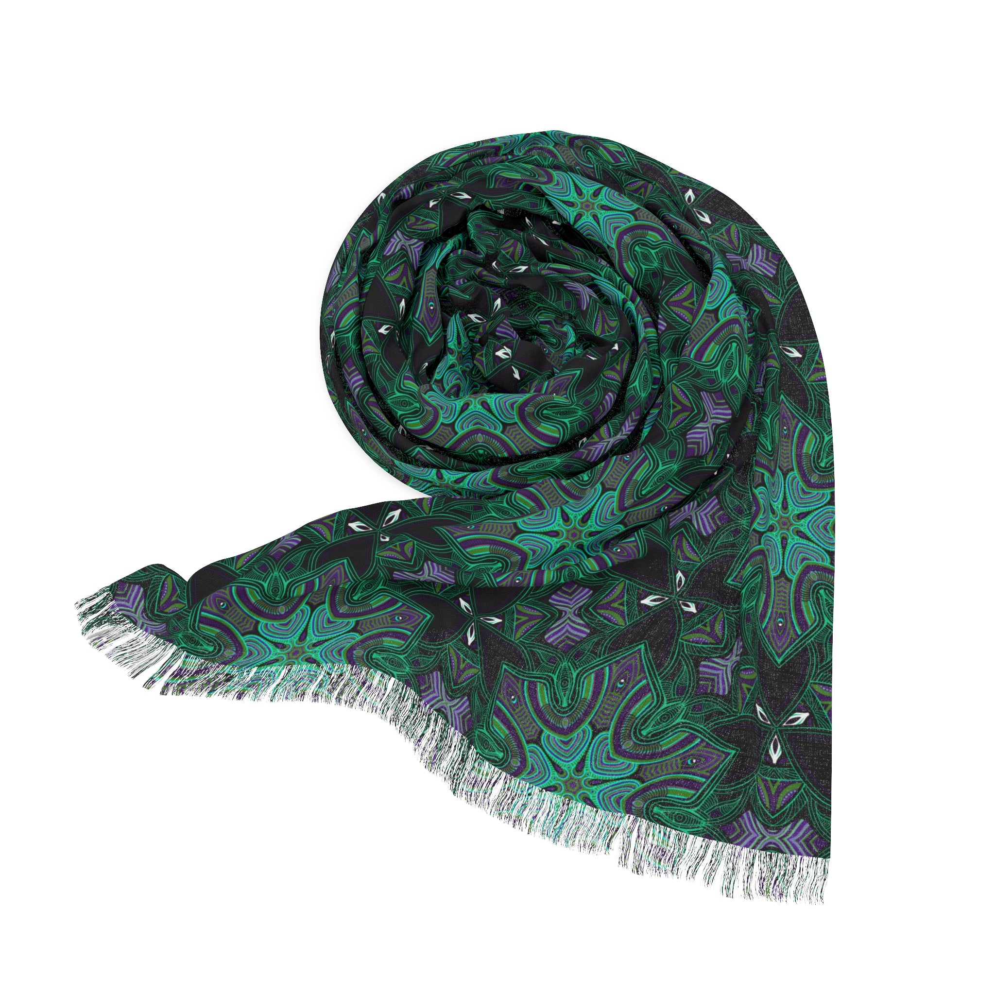 Teal Mandala Light Scarf – Lightweight Winter Wrap with Fringed Edges #fg64245