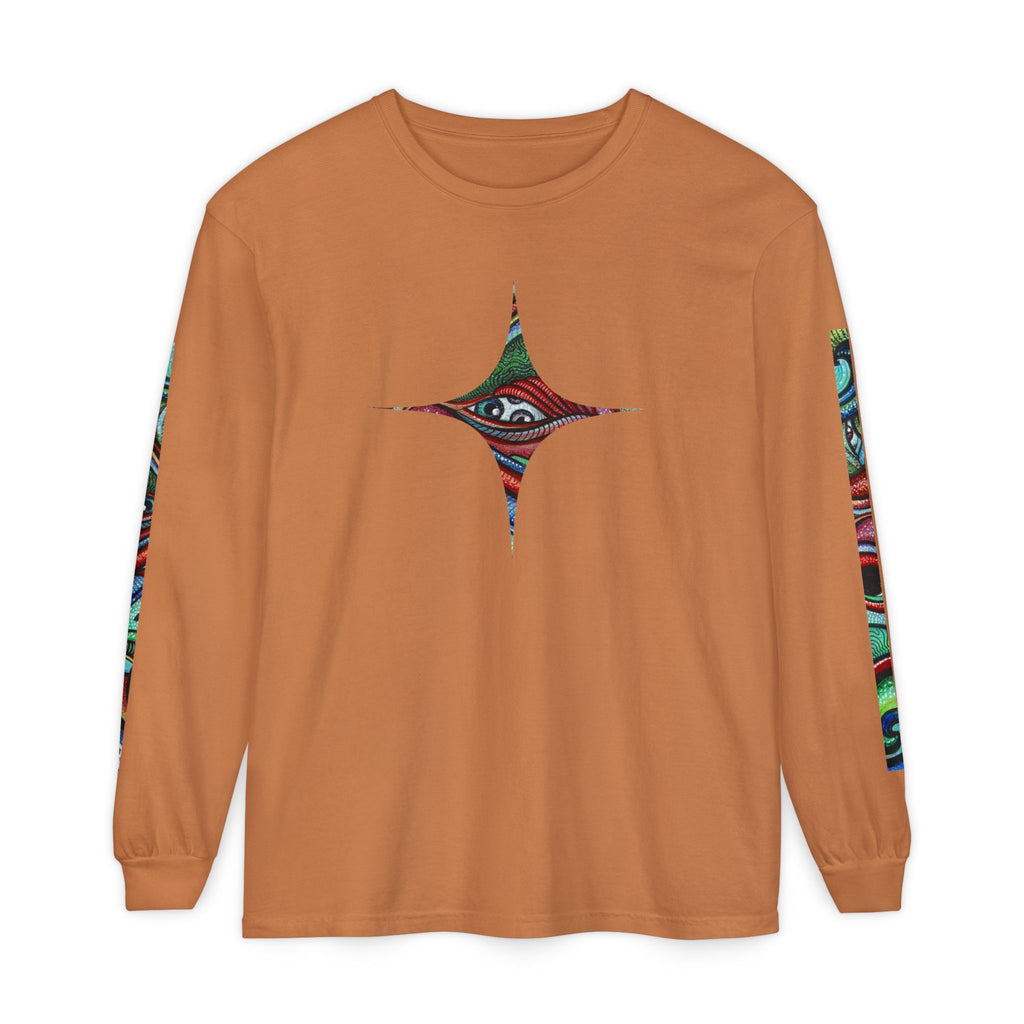 Psychedelic Starburst Long Sleeve Tee — Colorful Eye & Sleeve Stripe Design #k976344