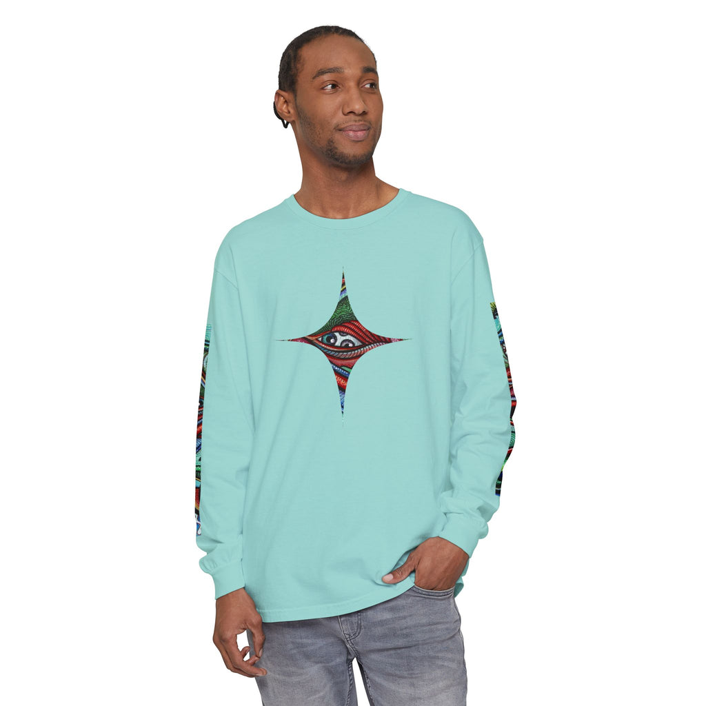 Psychedelic Starburst Long Sleeve Tee — Colorful Eye & Sleeve Stripe Design #k976344