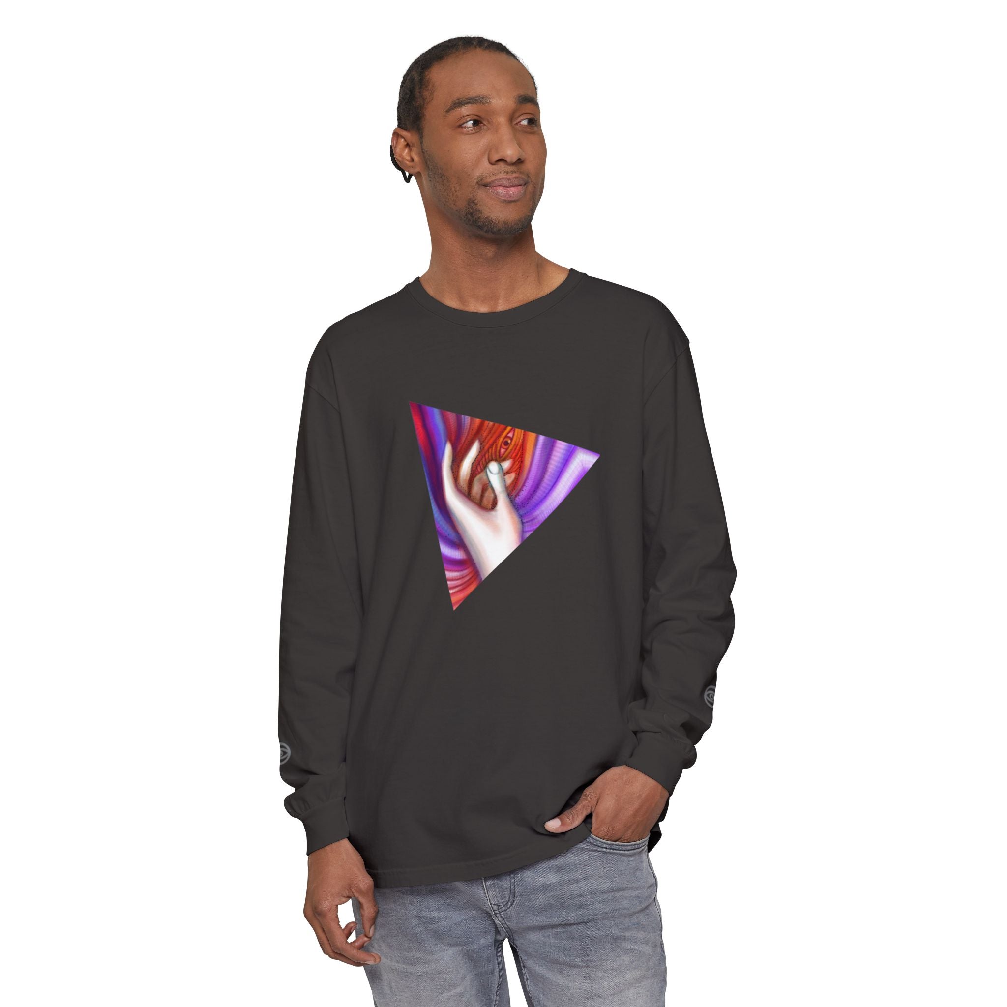 Long Sleeve T-Shirt — Triangular Hand Art Graphic (White) #sh26774