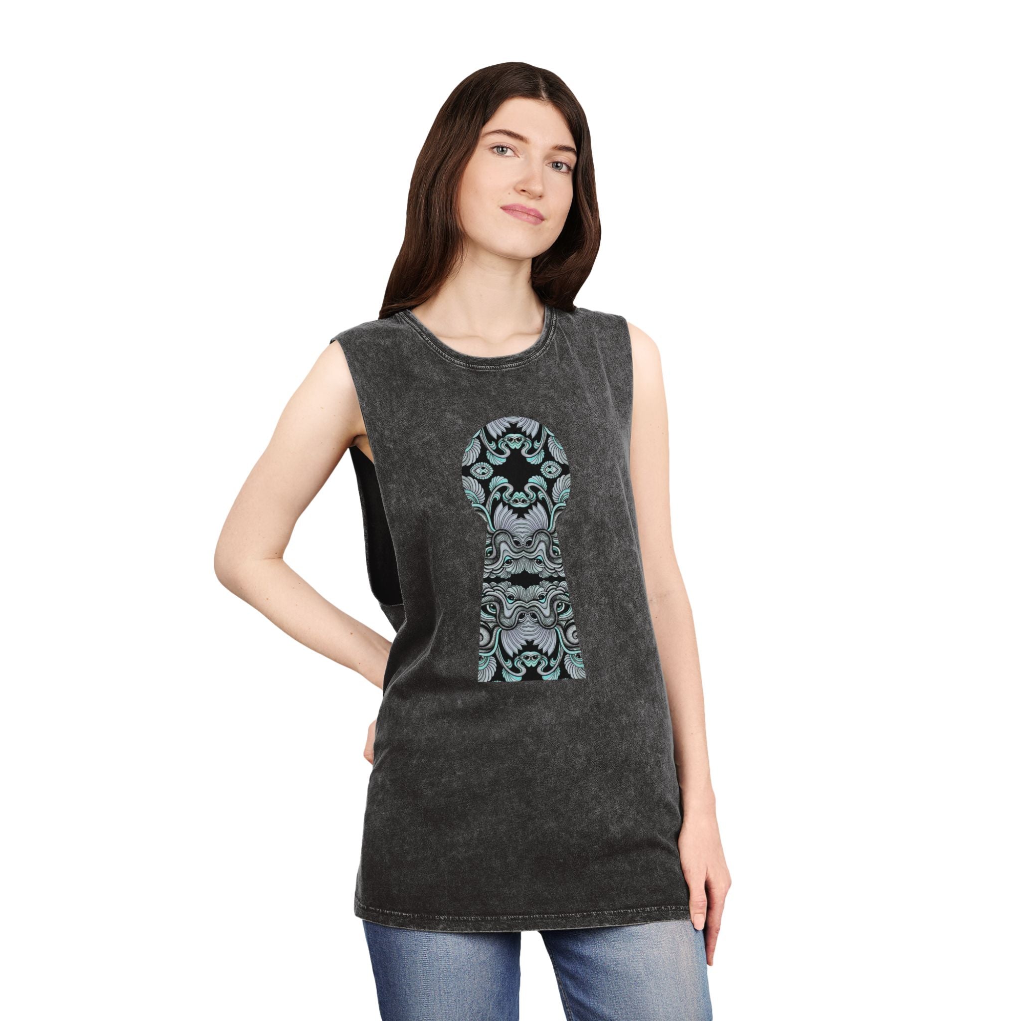 Stonewash Tank Top with Ornate Keyhole Design #sdxv24498