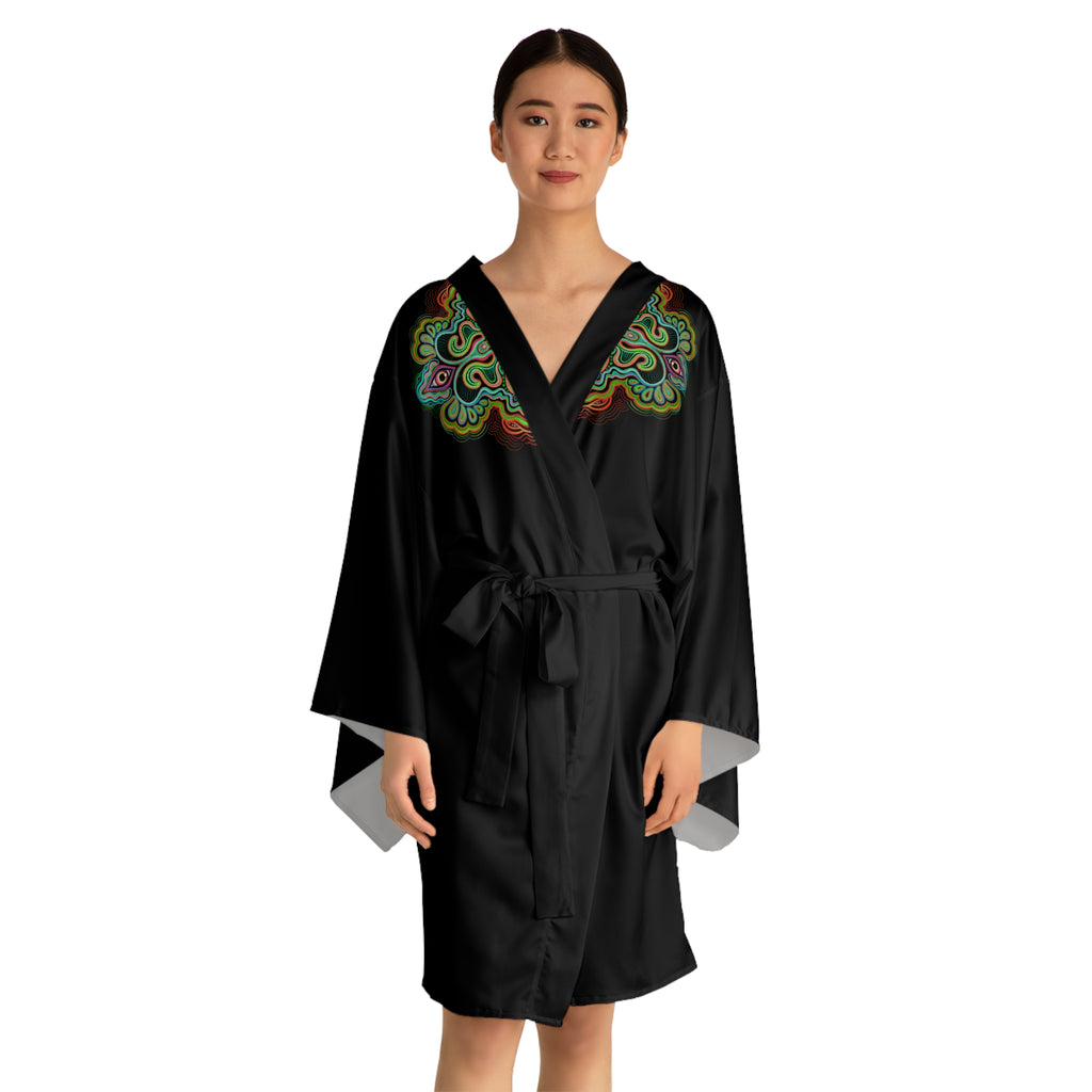 Black Kimono Robe with Colorful Mandala Accent – Long Sleeve Lounge Kimono #ki5