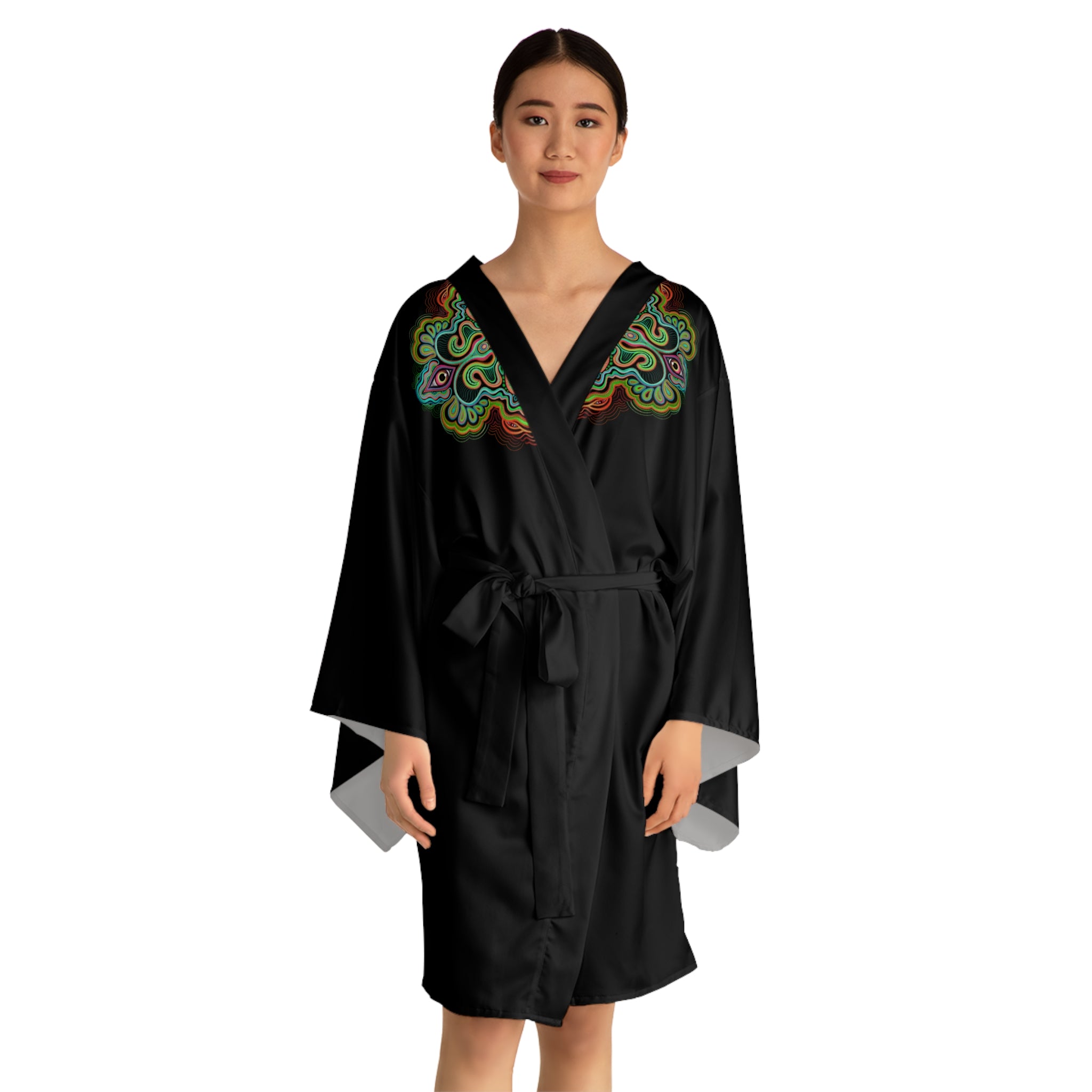 Black Kimono Robe with Colorful Mandala Accent – Long Sleeve Lounge Kimono #ki5