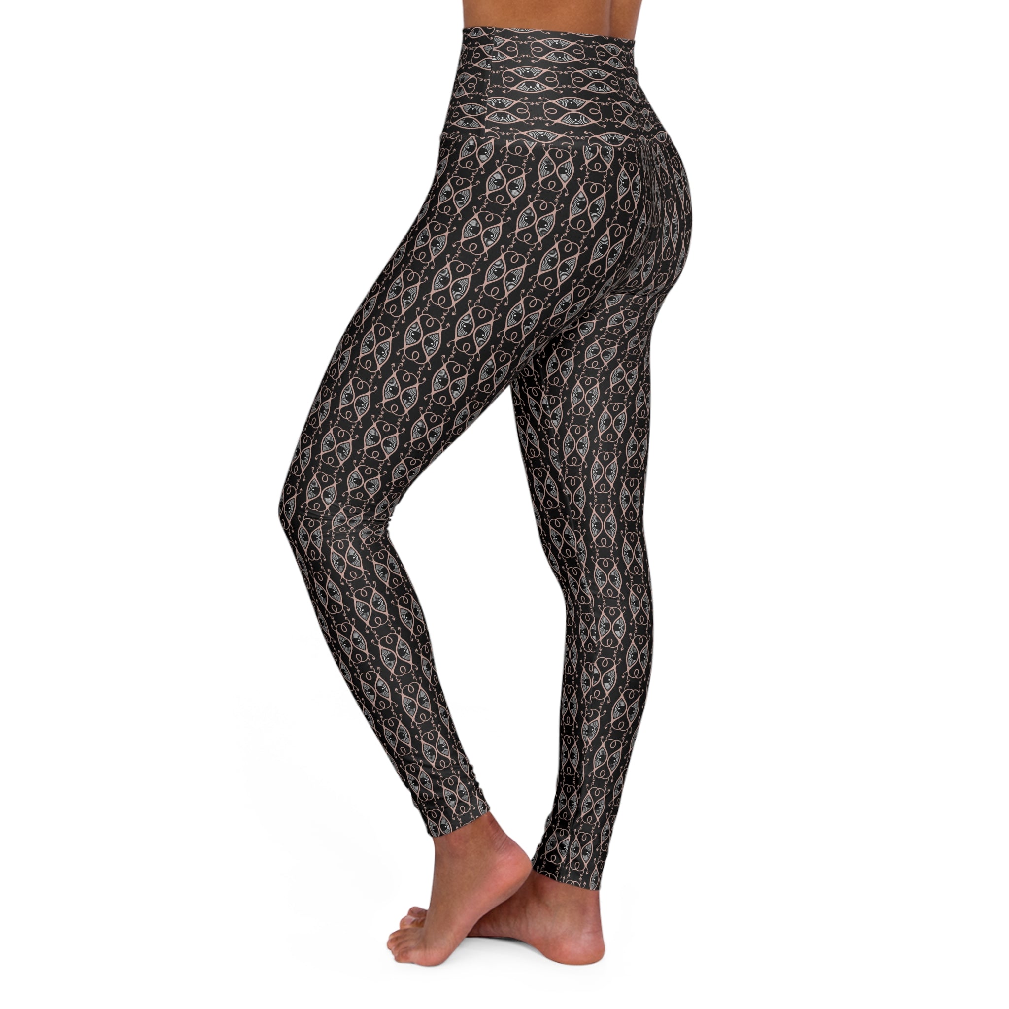 High-Waisted Tribal Print Yoga Leggings — Black Grey All-Over Pattern #s23456543
