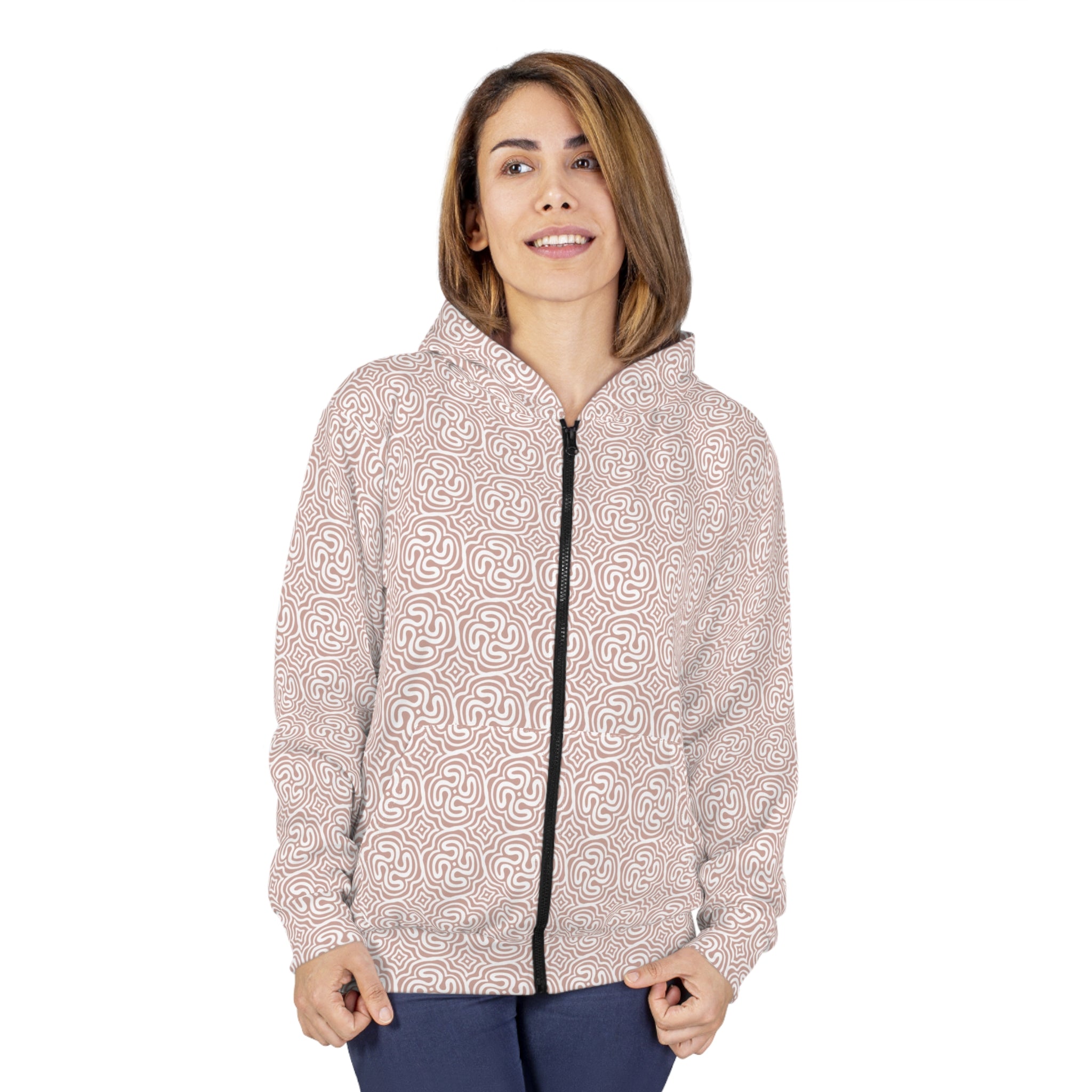 Abstract Maze Pattern Zip Hoodie — Neutral Pink All-Over-Print #y655688