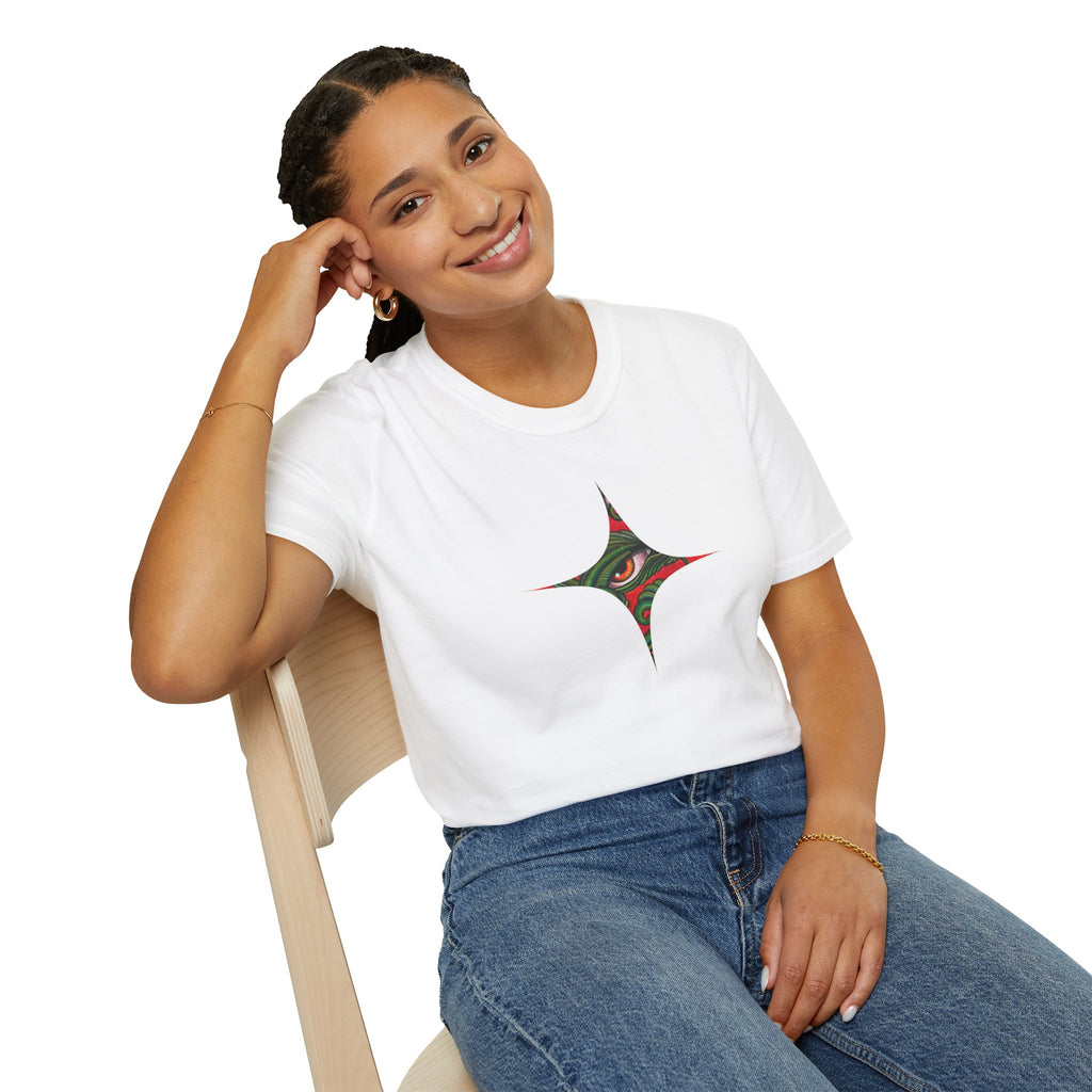 Geometric Tribal Eye Tee — Abstract Red & Green Triangle Graphic T-Shirt #sx432177