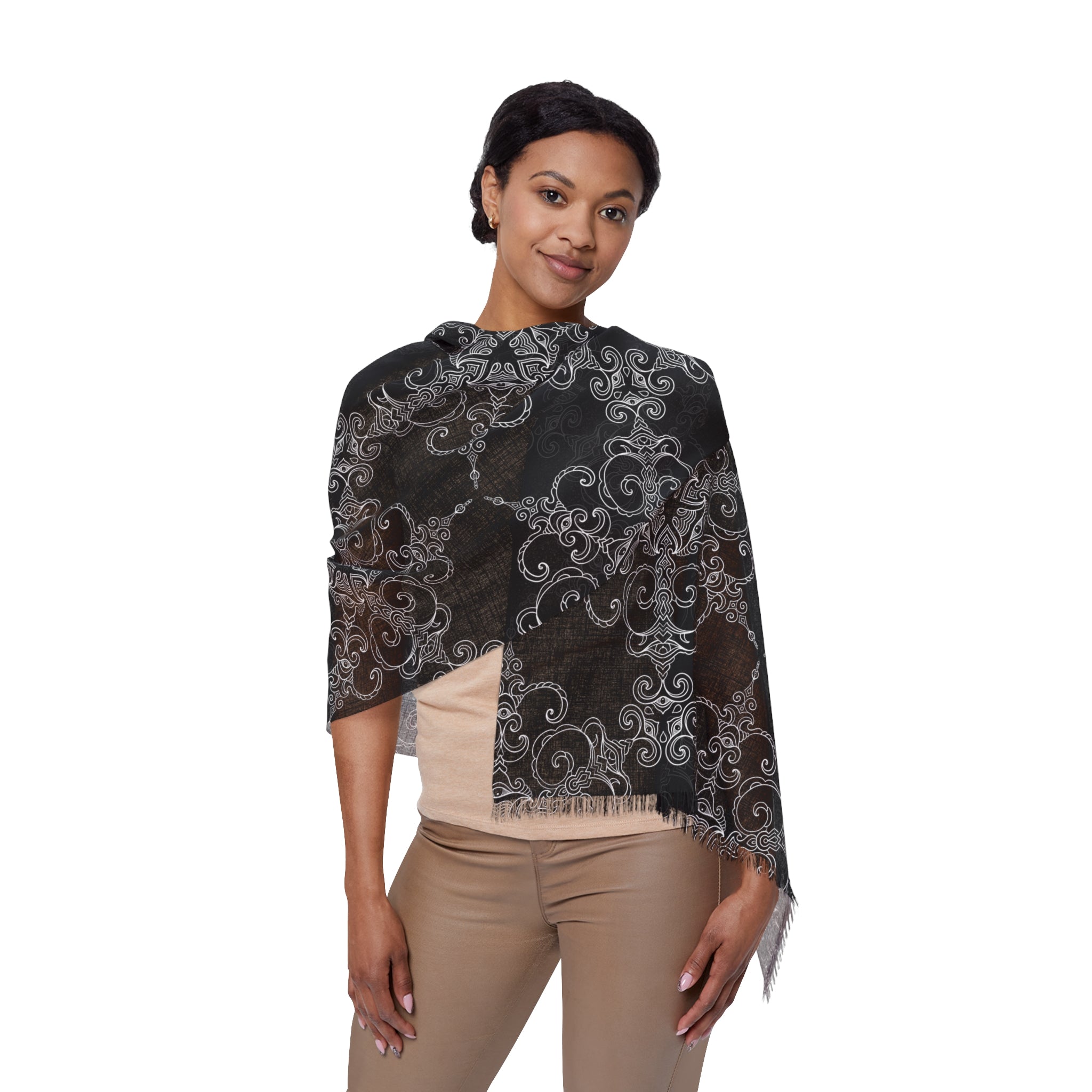 Intricate Filigree Light Scarf - Lightweight Black & Gray Patterned Wrap #h986457