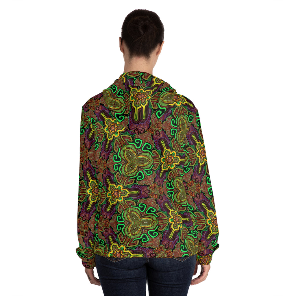 Kaleidoscope Floral Zip-Up Hoodie — Psychedelic Green & Gold All-Over Print #fn994219