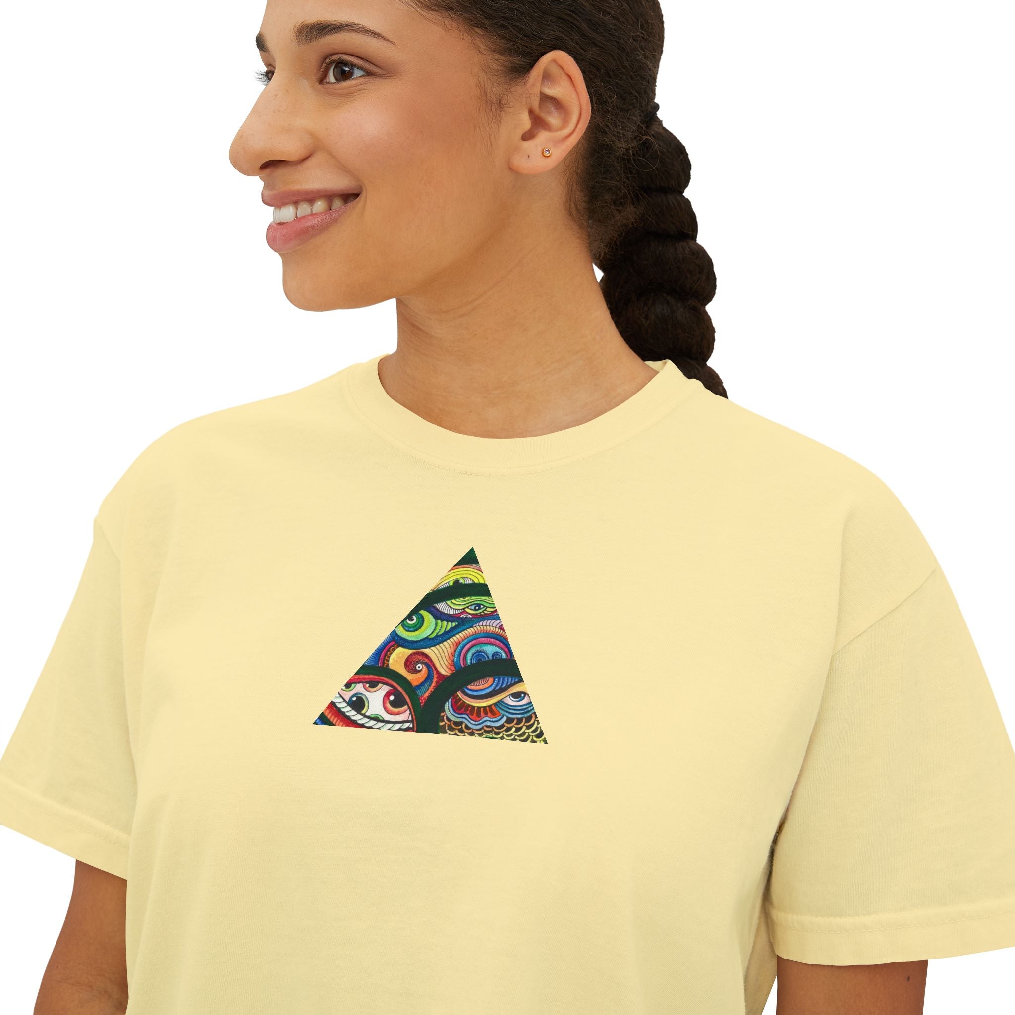 Women's Boxy Tee with Abstract Colorful Triangle (Front) & Heart (Back) Art — Casual Graphic Crop Top #hd9859