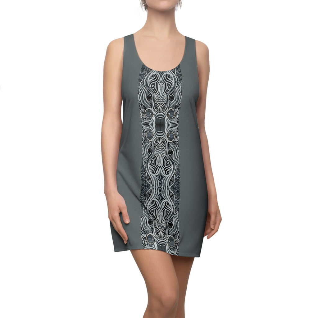 Gray Racerback Dress with Intricate Celtic Knot Panel — Women's Cut & Sew AOP #h009977