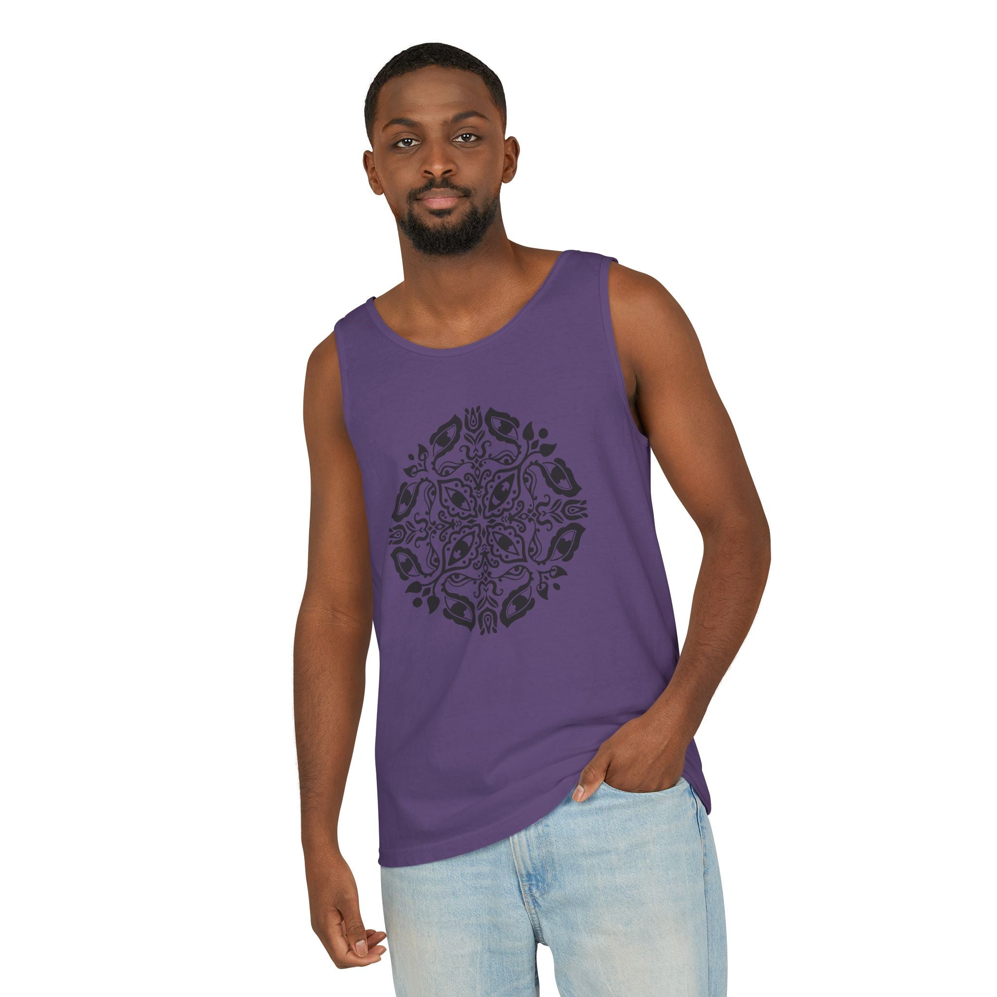 Boho Mandala Tank Top — Black Floral Circular Graphic Tank #fr3