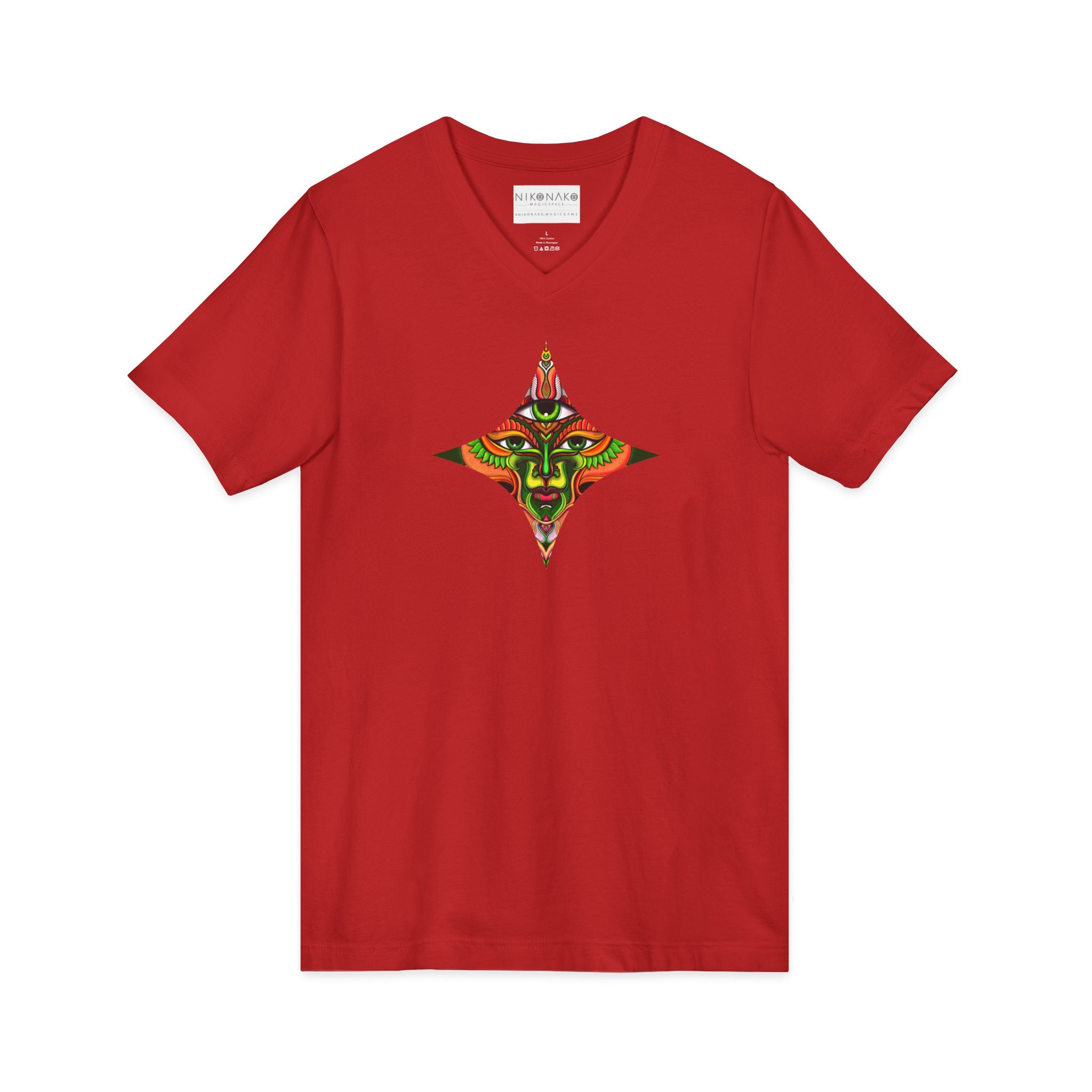 Tribal Mask Diamond Tee — Vibrant Ethnic Face Graphic V‑Neck T‑Shirt #hg 08656